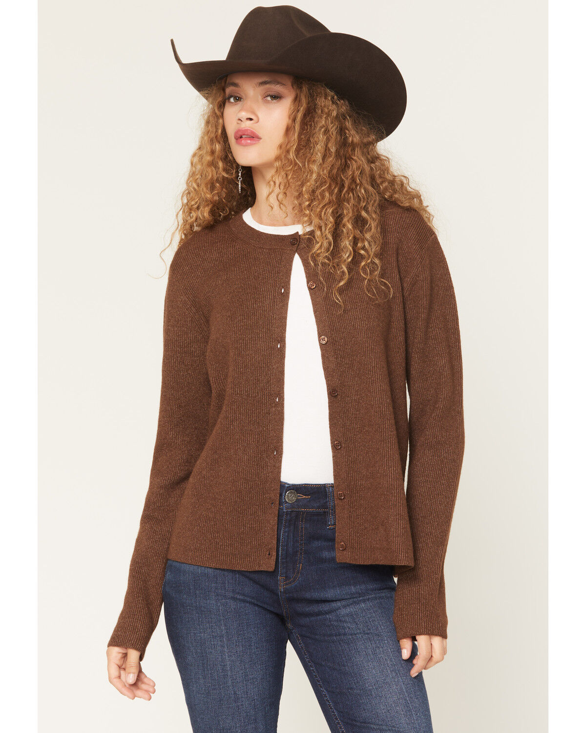 Image #1 - Originality Women's Long Sleeve Button-Down Cardigan, Brown, hi-res