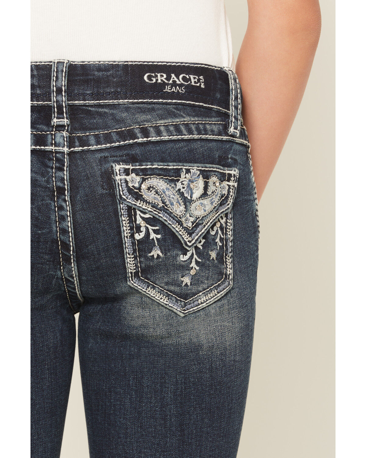 Image #2 - Grace in LA Girls' Dark Wash Floral Pocket Bootcut Stretch Denim Jeans, Dark Wash, hi-res