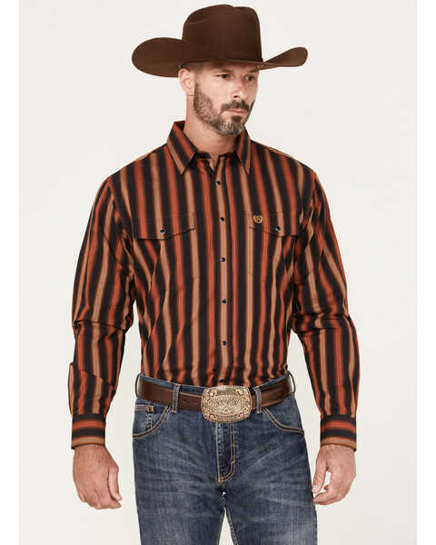 Panhandle Select Men's Serape Stripe Long Sleeve Snap Western Shirt, Rust Copper, hi-res