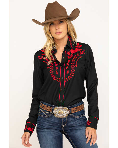 Image #1 - Roper Women's Black Red Rose Embroidered Rodeo Shirt , , hi-res