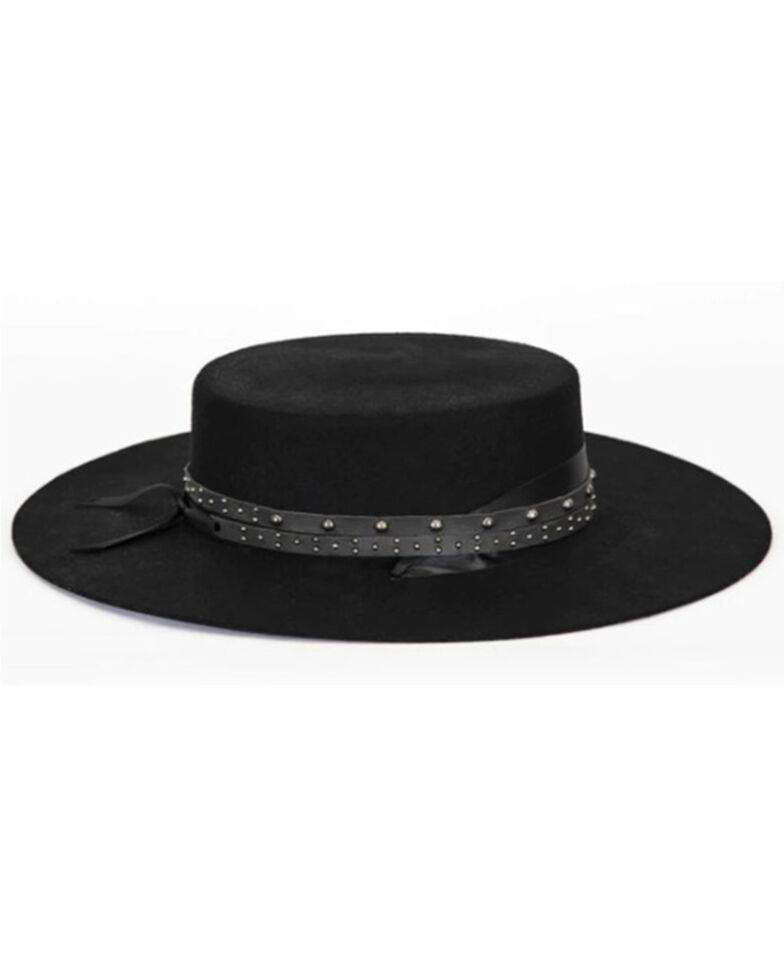 Giovanno Women's Bonnie Embellished Ribbon Band Wool Felt Boater Hat , Black, hi-res