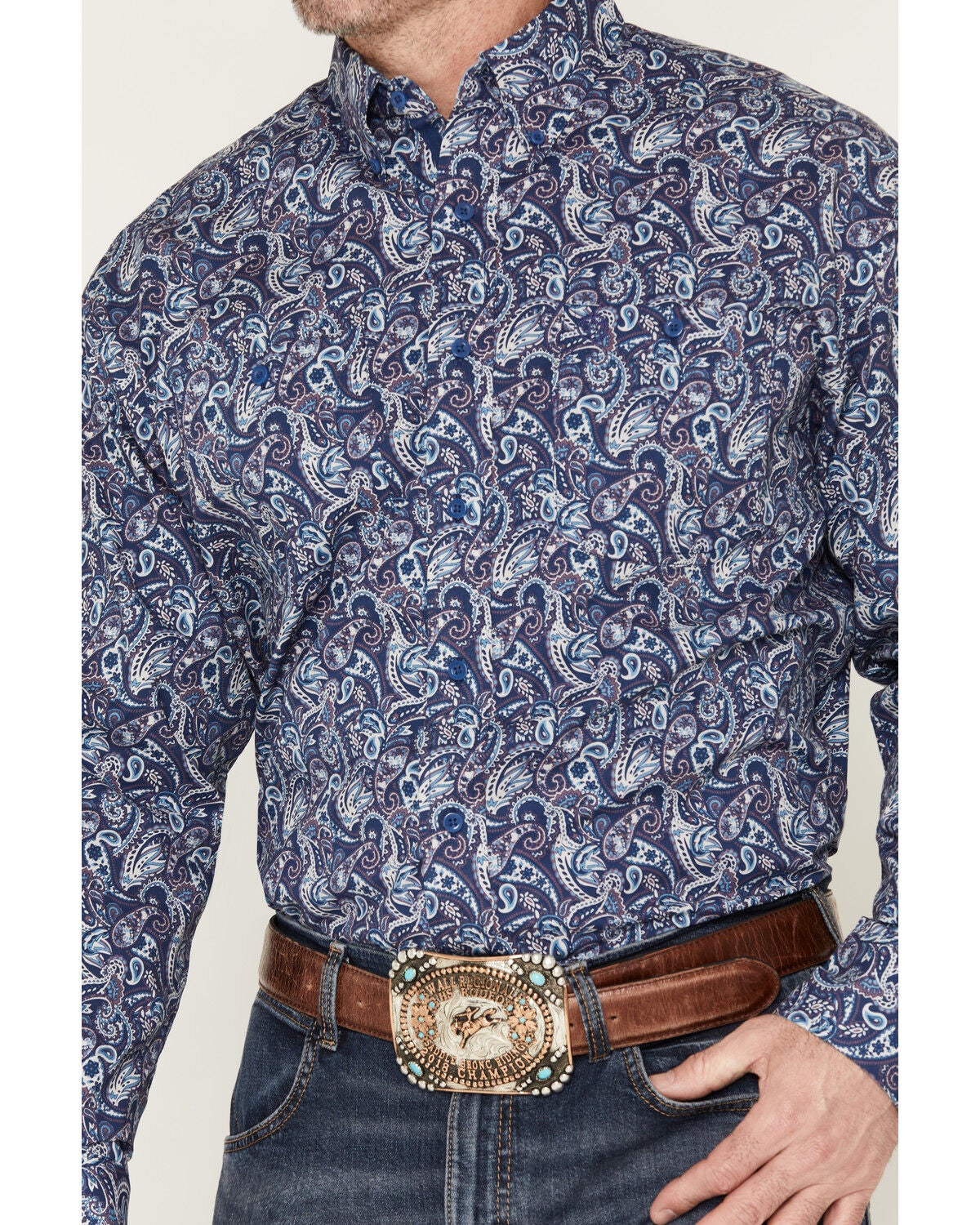 Image #3 - George Strait by Wrangler Men's Paisley Print Long Sleeve Button-Down Stretch Western Shirt, Blue, hi-res