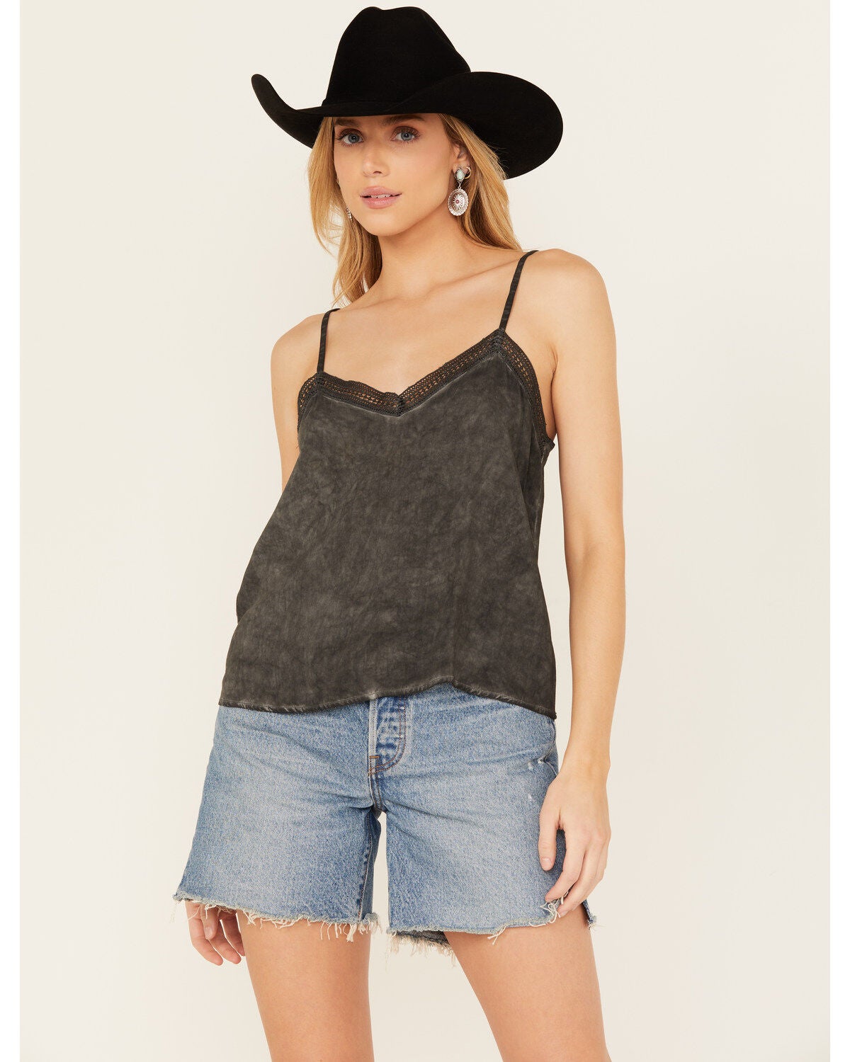 Wild Moss Women's Lace Trim Cami, Charcoal, hi-res