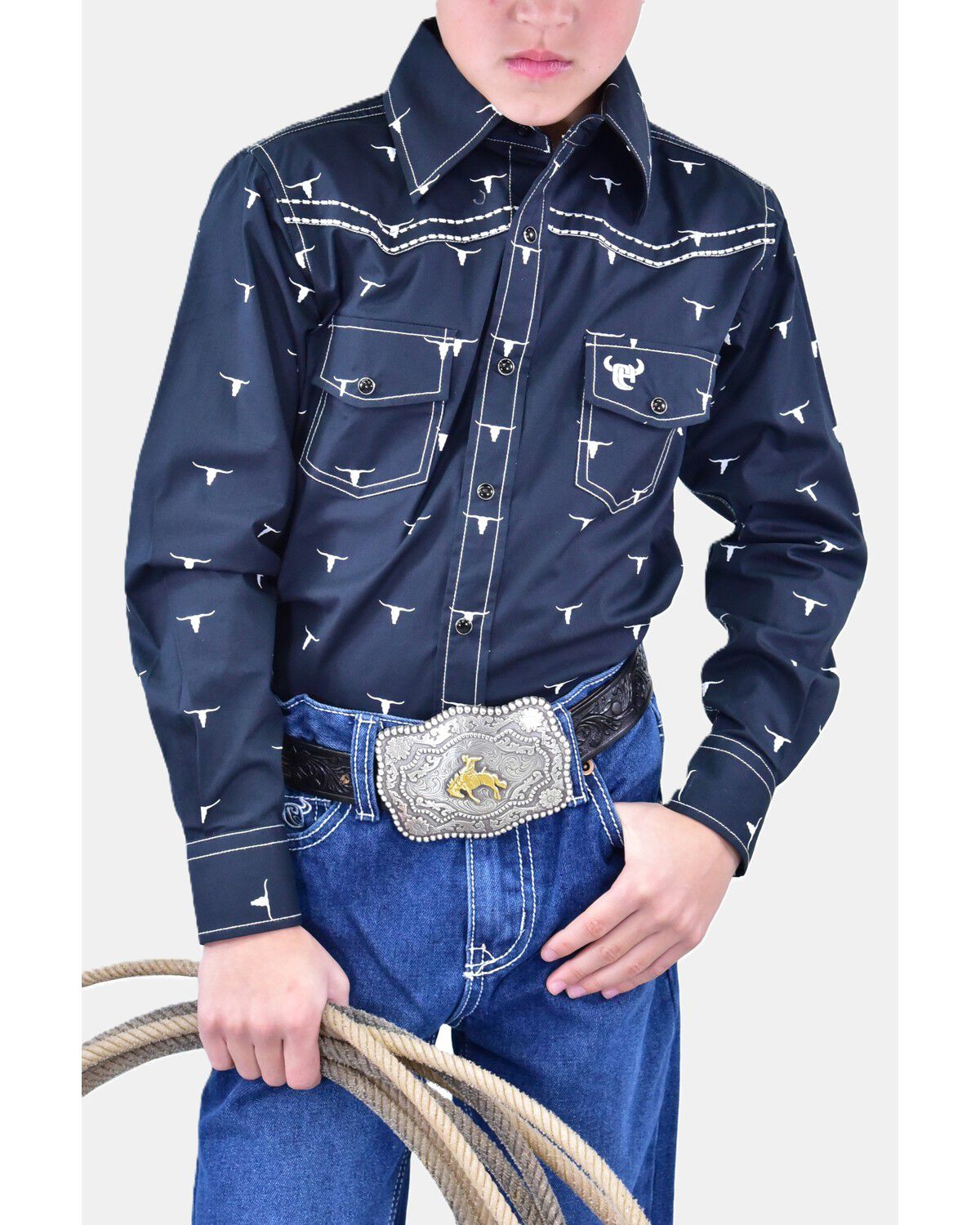 Image #1 - Cowboy Hardware Boys' Scattered Skull Long Sleeve Snap Stretch Western Shirt, Black, hi-res