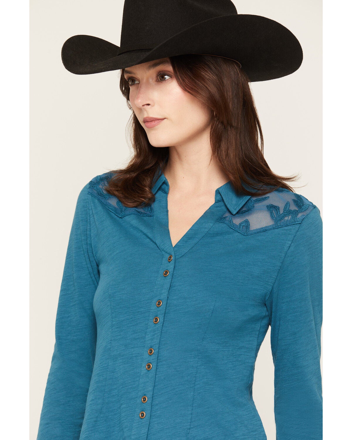 Image #2 - Shyanne Women's Rider Long Sleeve Knit Lace Yoke Button-Down Western Shirt, Teal, hi-res
