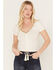 Shyanne Women's Beaded Short Sleeve Front Tie Shirt, Cream, hi-res