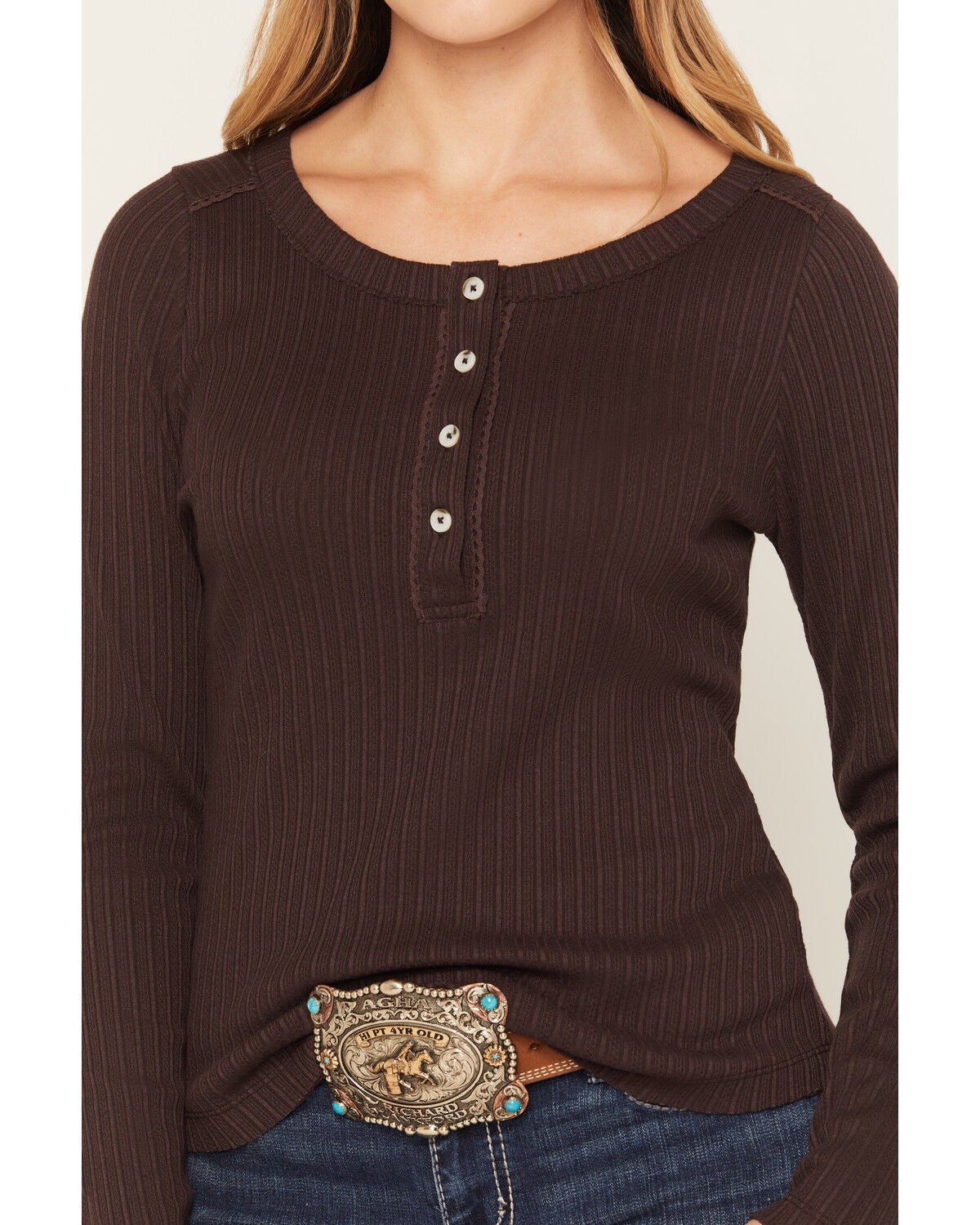 Image #3 - Shyanne Women's Lace Trim Henley Long Sleeve Top, Cognac, hi-res