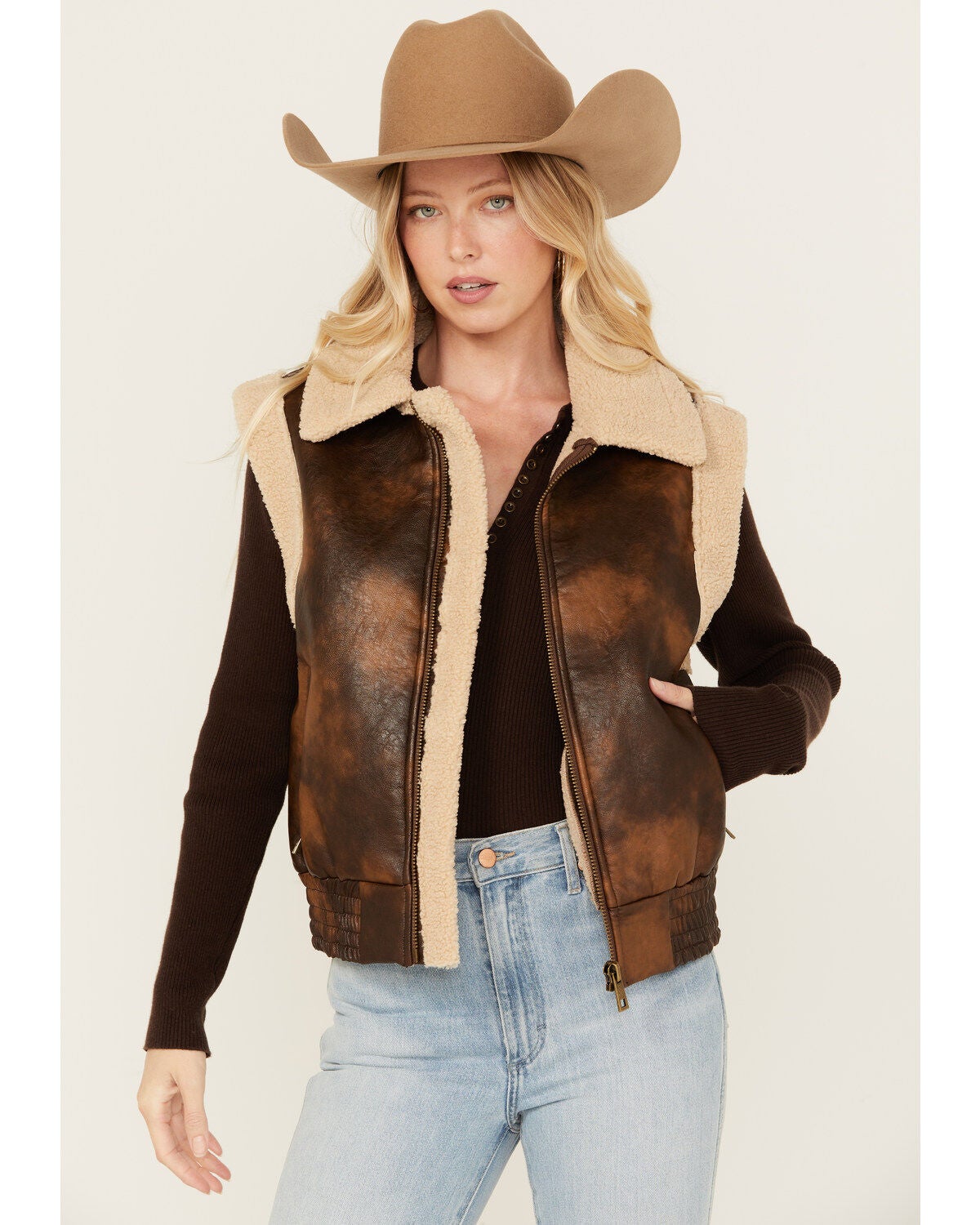 26 International Women's Faux Leather Aviator Sherpa Vest, Brown, hi-res