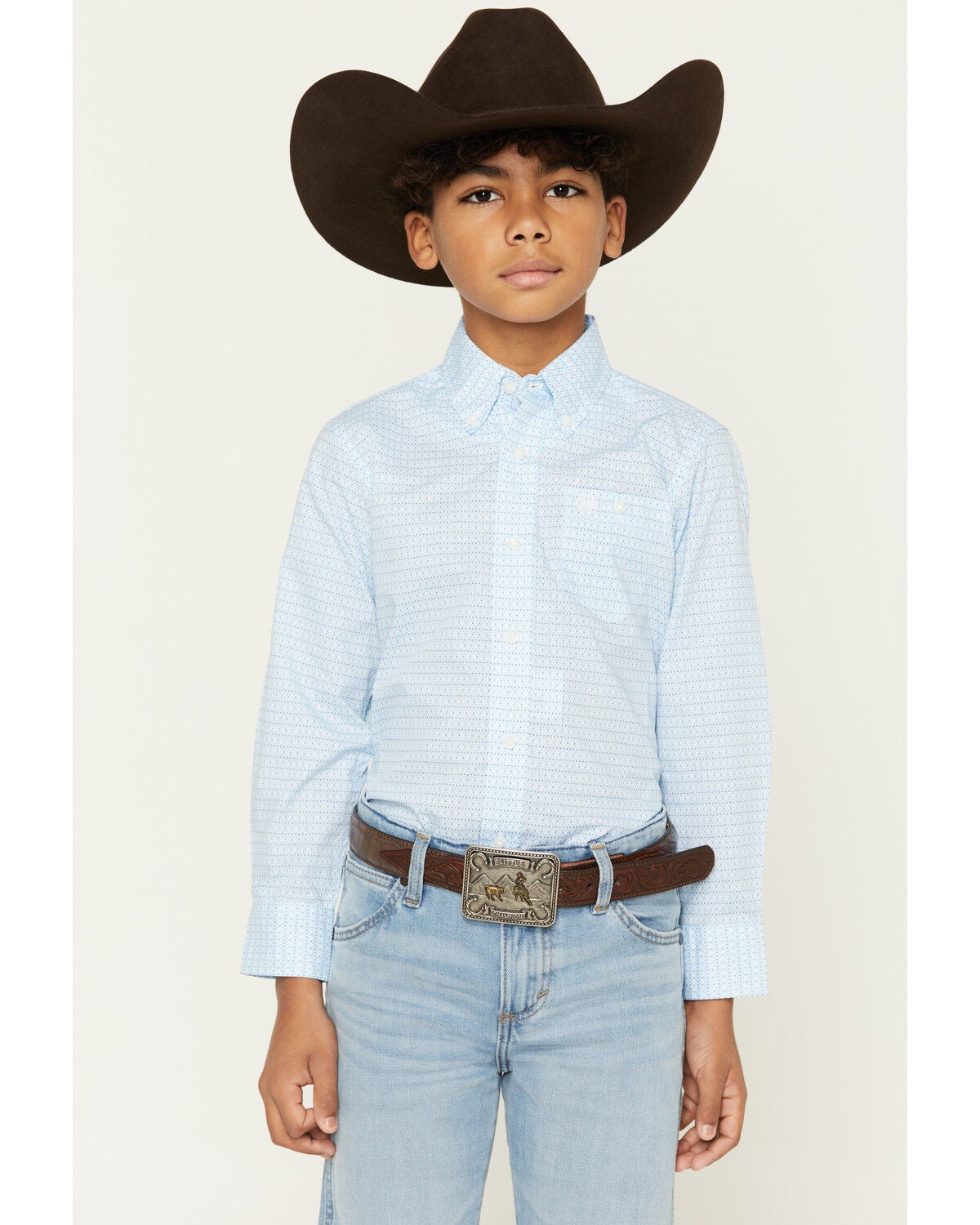 Wrangler Boys' Geo Print Long Sleeve Button-Down Western Shirt, Blue, hi-res