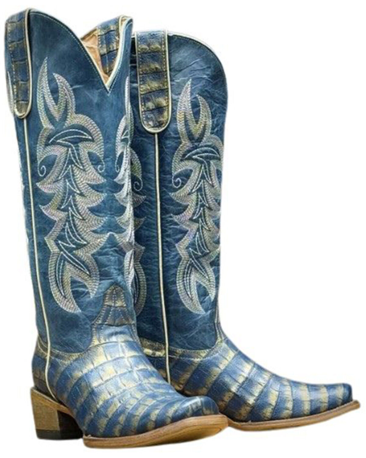 Image #1 - Tanner Mark Women's Caiman Belly Printed Tall Western Boots - Square Toe, Blue, hi-res
