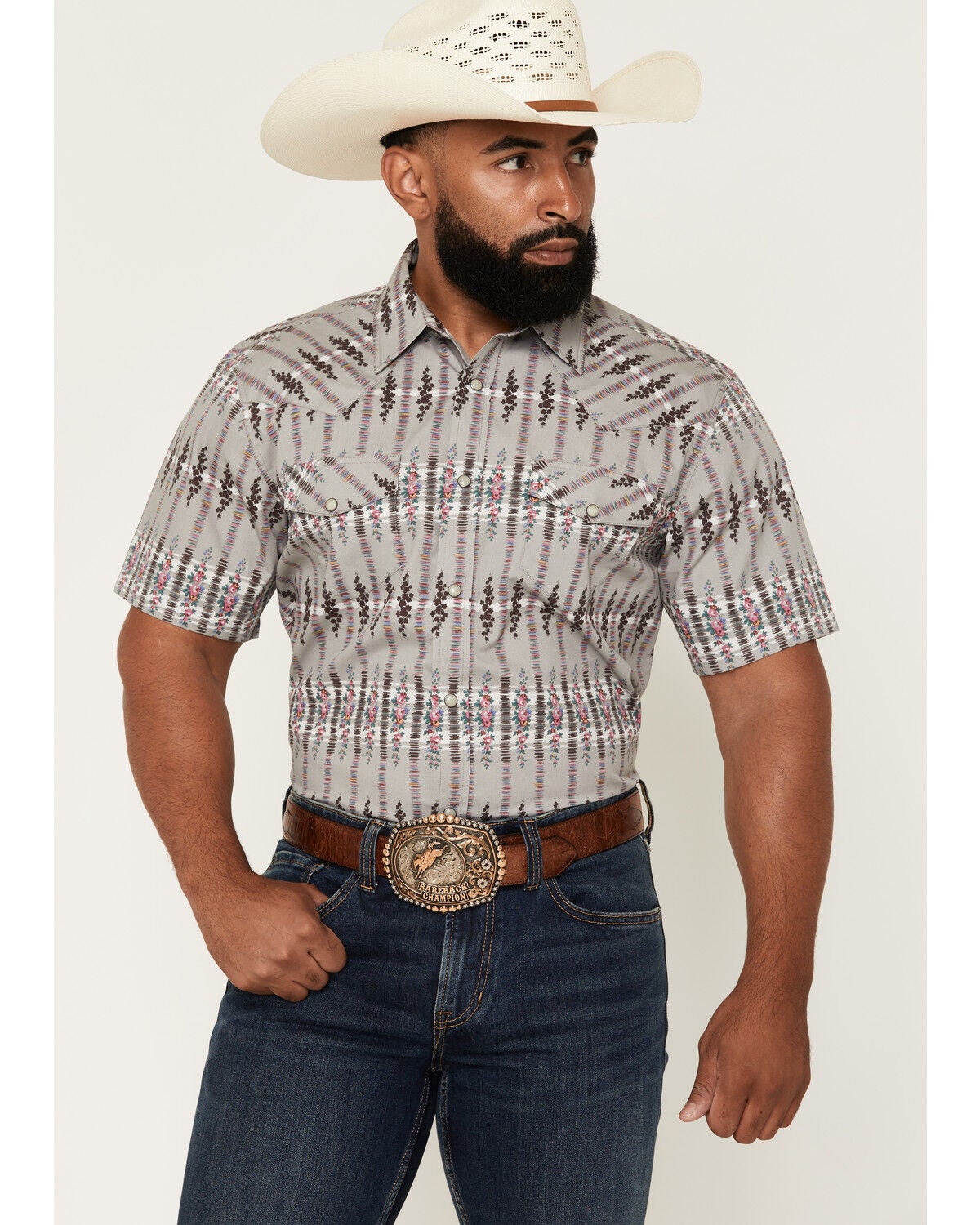 Gibson Trading Co Men's Static Flow Floral Print Short Sleeve Snap Western Shirt, Grey, hi-res