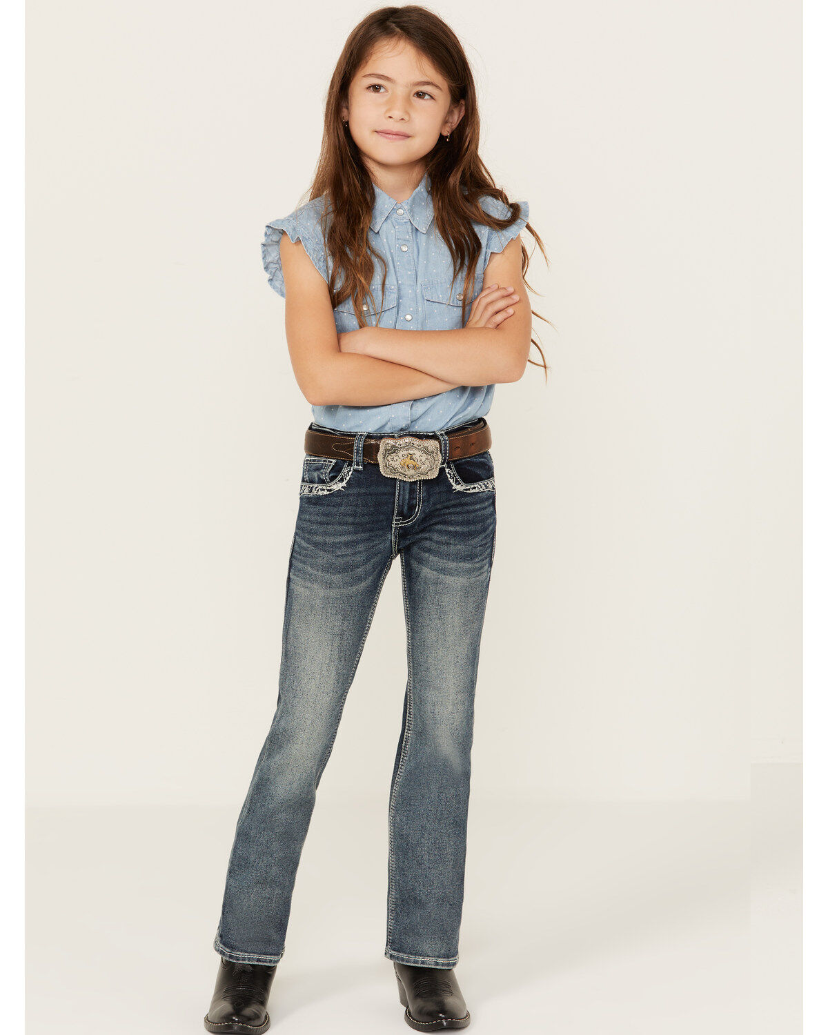 Image #1 - Grace in LA Little Girls' Medium Wash Steer Head Pocket Stretch Bootcut Jeans, Medium Wash, hi-res