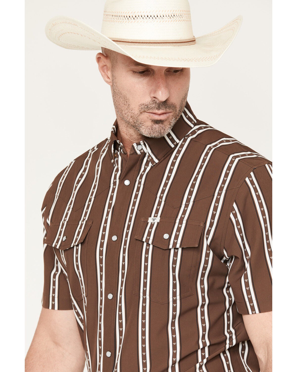 Image #2 - Ferrell Men's Tucker Tek Striped Short Sleeve Pearl Snap Stretch Western Shirt, Brown, hi-res