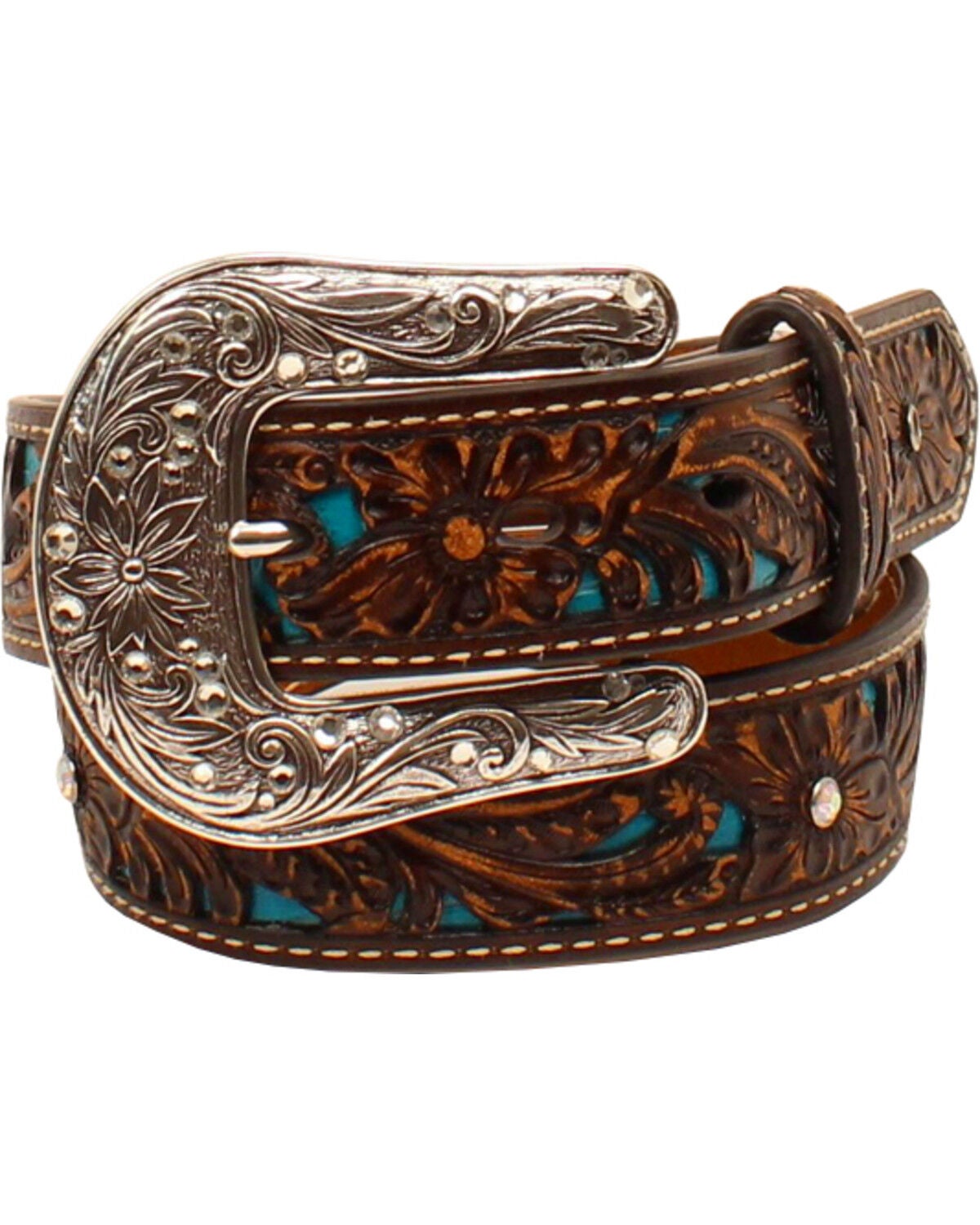 Ariat Girls' Tooled Rhinestones Overlay Belt, Brown, hi-res