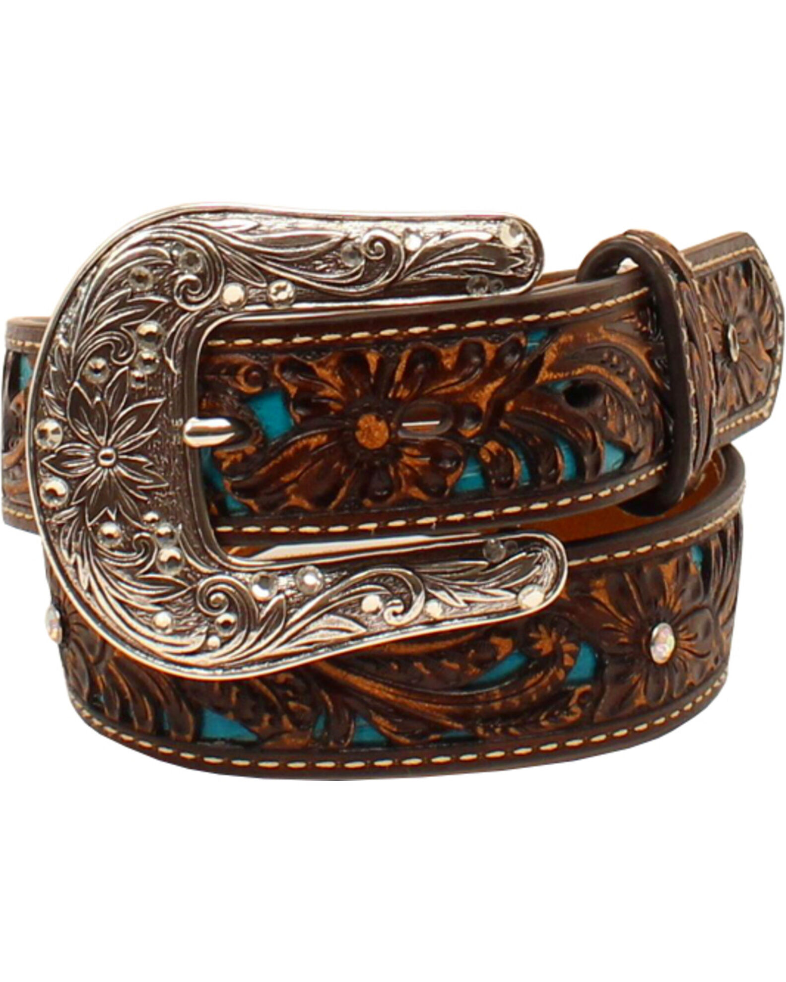 Image #1 - Ariat Girls' Tooled Rhinestones Overlay Belt, Brown, hi-res