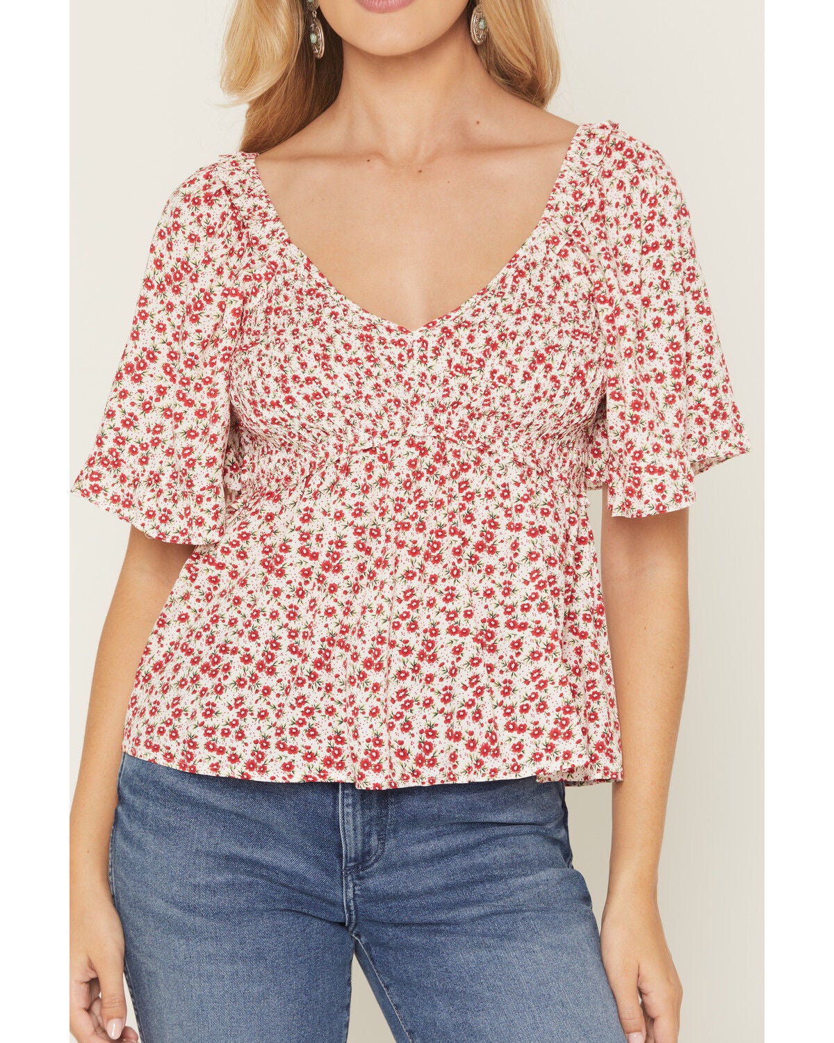Image #3 - Yura Women's Boot Barn Exclusive Ditsy Floral Smocked Short Sleeve Top, Red, hi-res