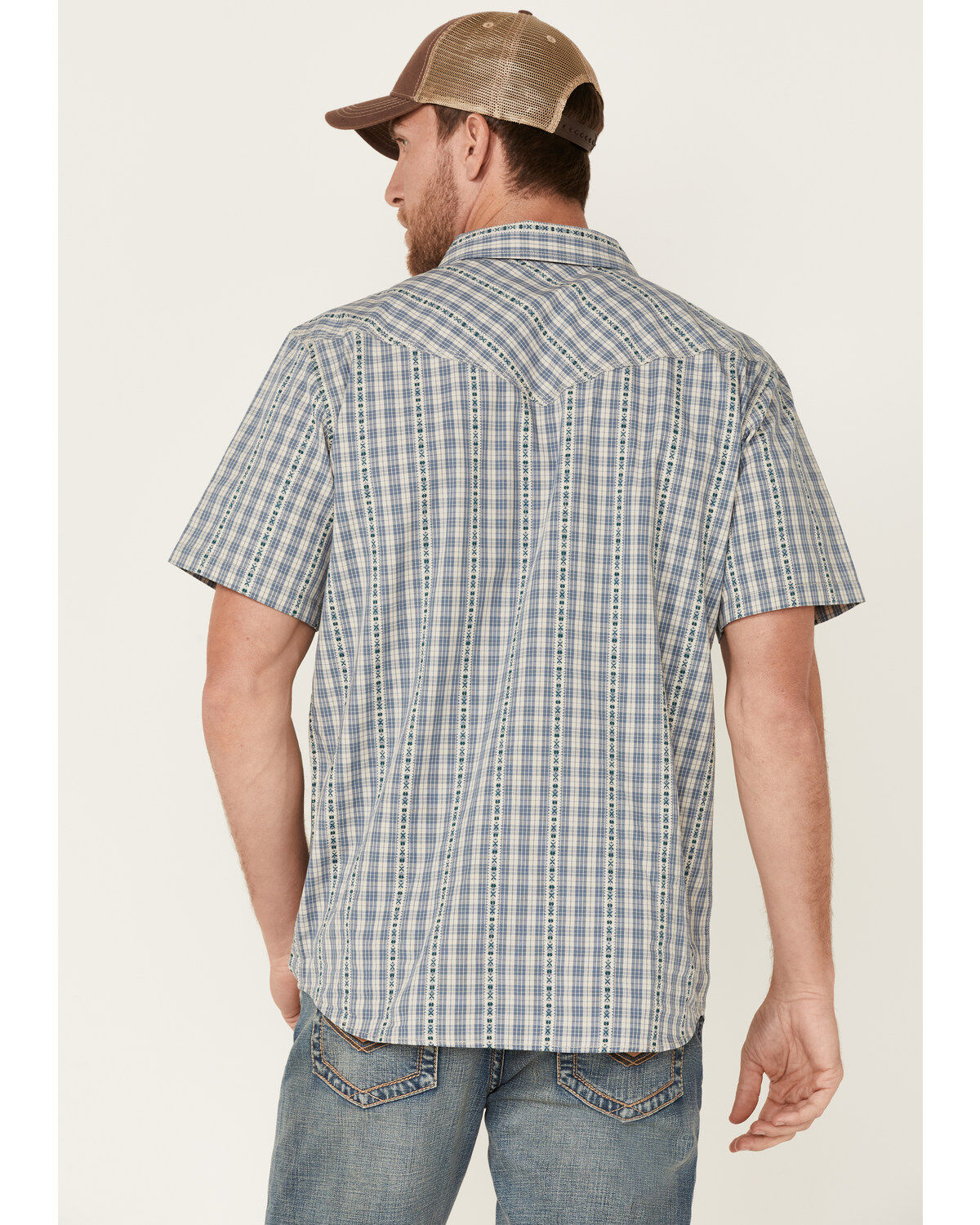Image #4 - Moonshine Spirit Men's Santa Fe Dobby Plaid Short Sleeve Snap Western Shirt, Tan, hi-res
