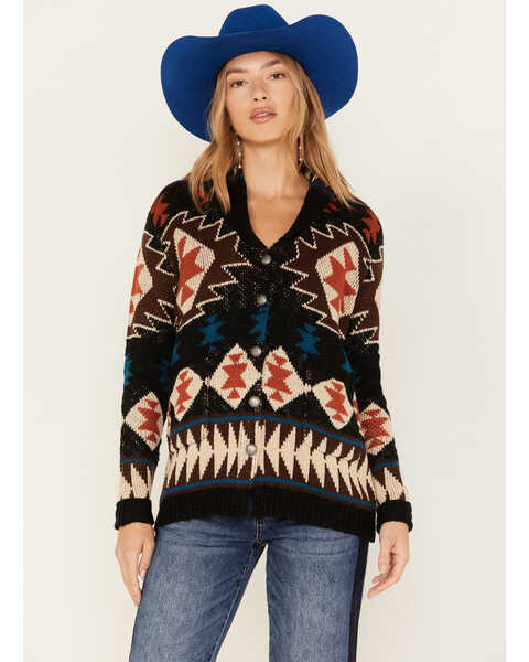 Cotton & Rye Women's Southwestern Print Knit Cardigan Sweater, Black, hi-res