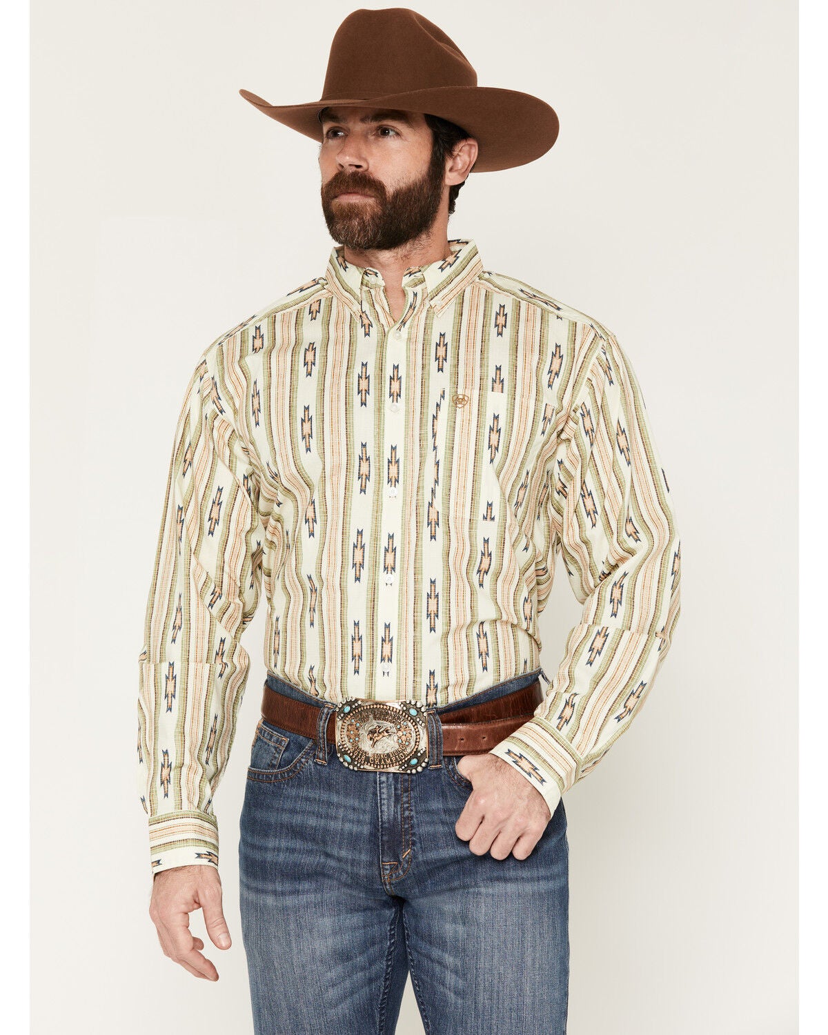 Image #1 - Ariat Men's Stephon Southwestern Striped Long Sleeve Button-Down Western Shirt, Cream, hi-res