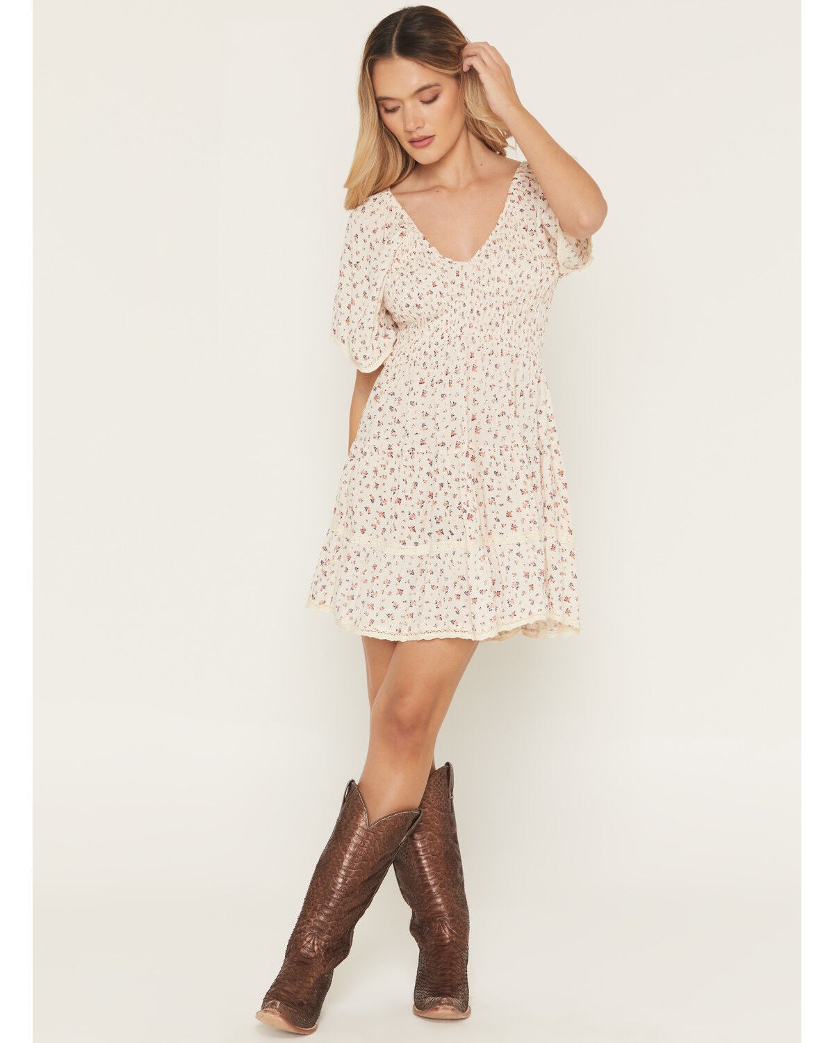 Angie Women's Ditsy Floral Print Short Sleeve Mini Dress, Ivory, hi-res