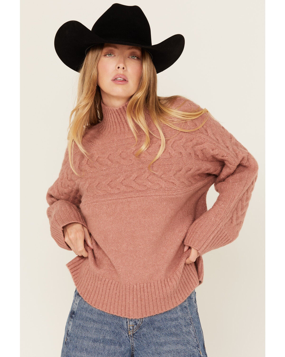 Cleo + Wolf Women's Mock Neck Pullover Cable Knit Sweater, Peach, hi-res