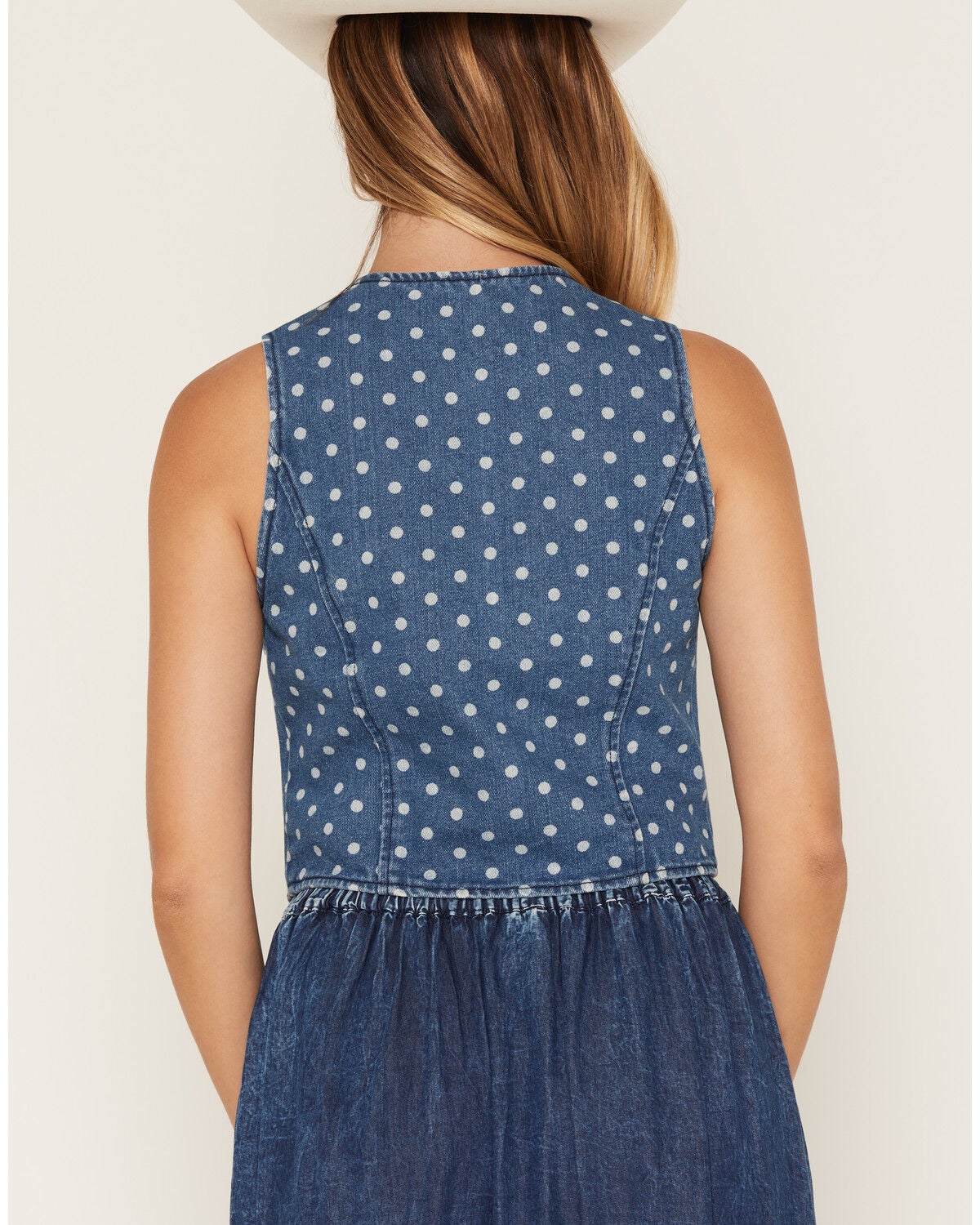 Image #4 - Ashley Women's Boot Barn Exclusive Polka Dot Print Tie-Front Denim Vest, Medium Wash, hi-res