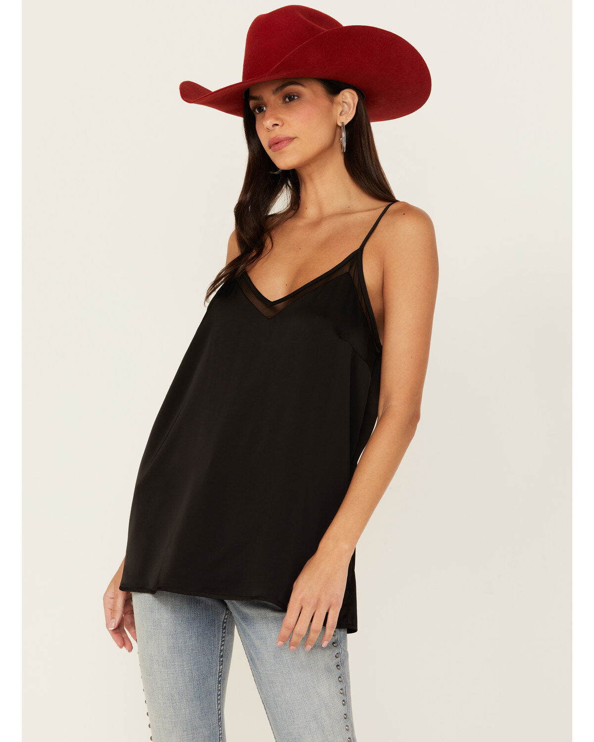 Image #1 - Rock & Roll Denim Women's Mesh Accent Satin Tank, Black, hi-res