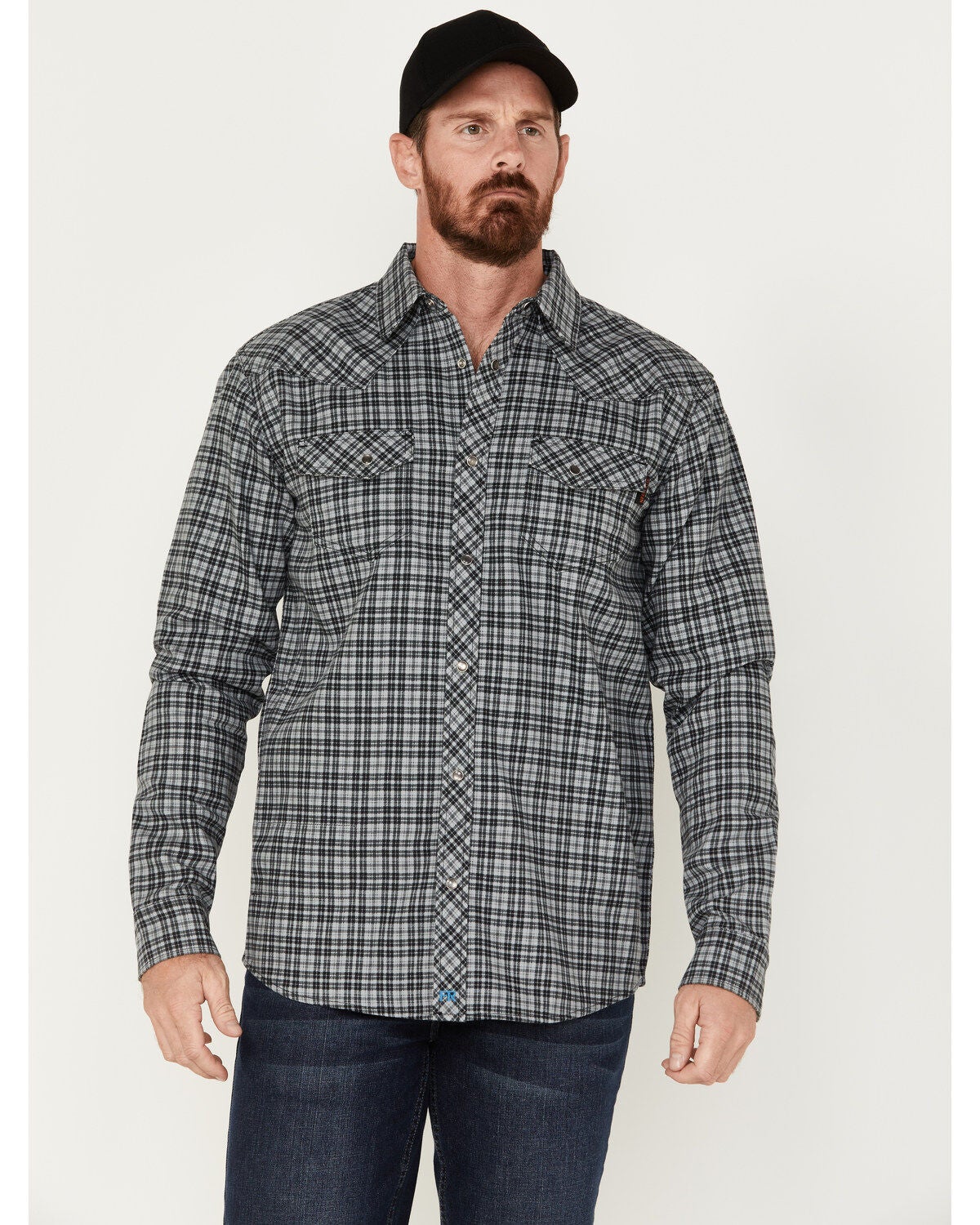 Cody James Men's FR Plaid Long Sleeve Snap Western Shirt, Charcoal, hi-res