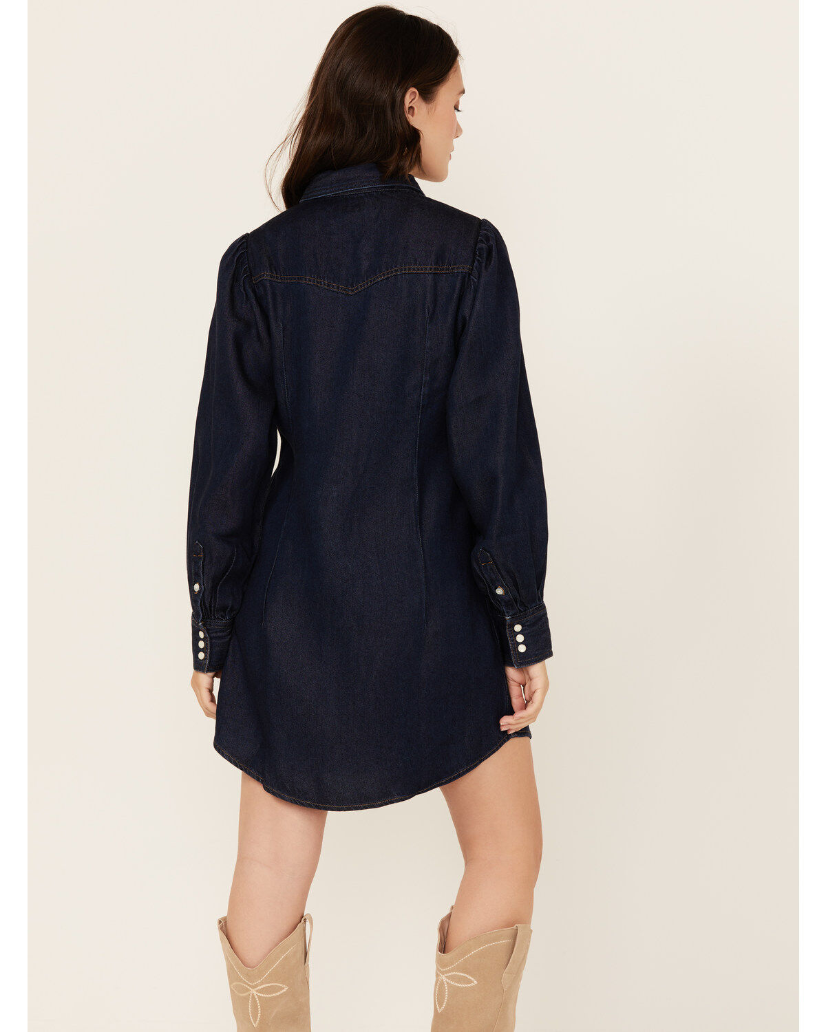 Image #4 - Wrangler Women's Dark Wash Denim Balloon Sleeve Shirt Mini Dress, Dark Wash, hi-res
