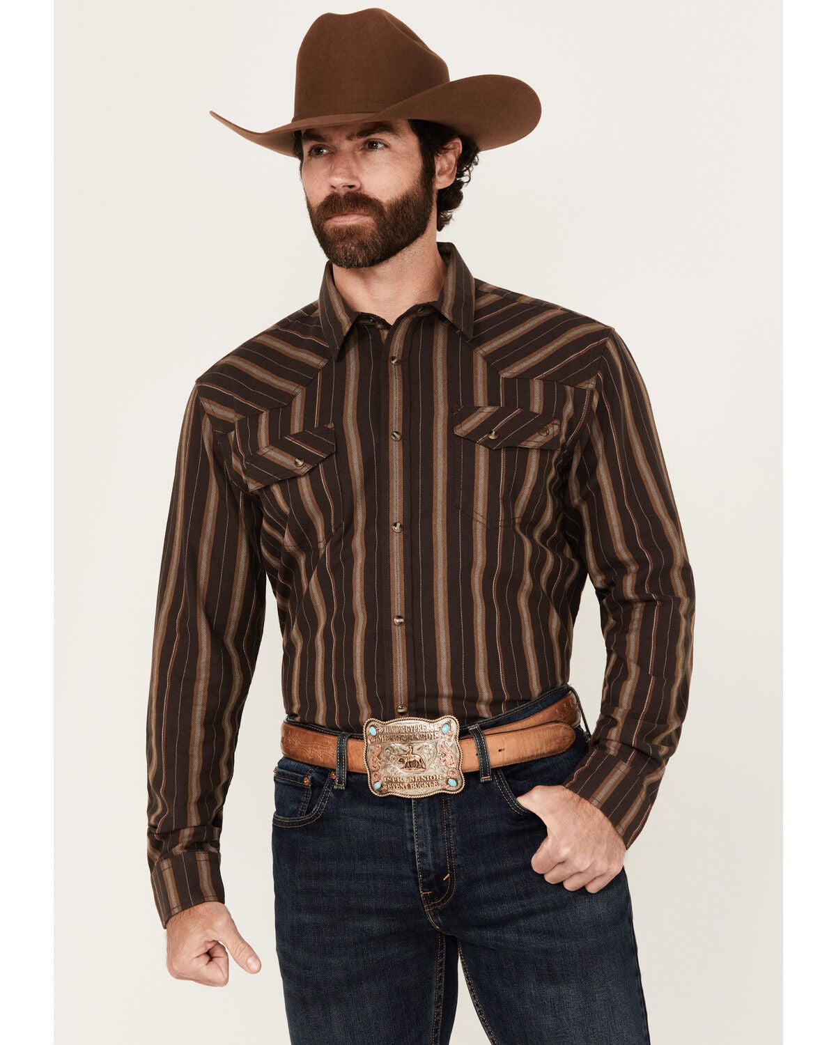 Blue Ranchwear Men's Aspen Striped Print Long Sleeve Snap Western Shirt, Dark Brown, hi-res