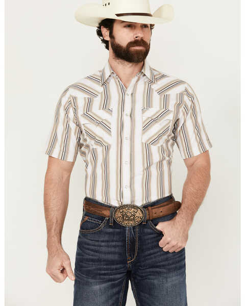 Ely Walker Men's Striped Print Short Sleeve Snap Western Shirt , Tan, hi-res