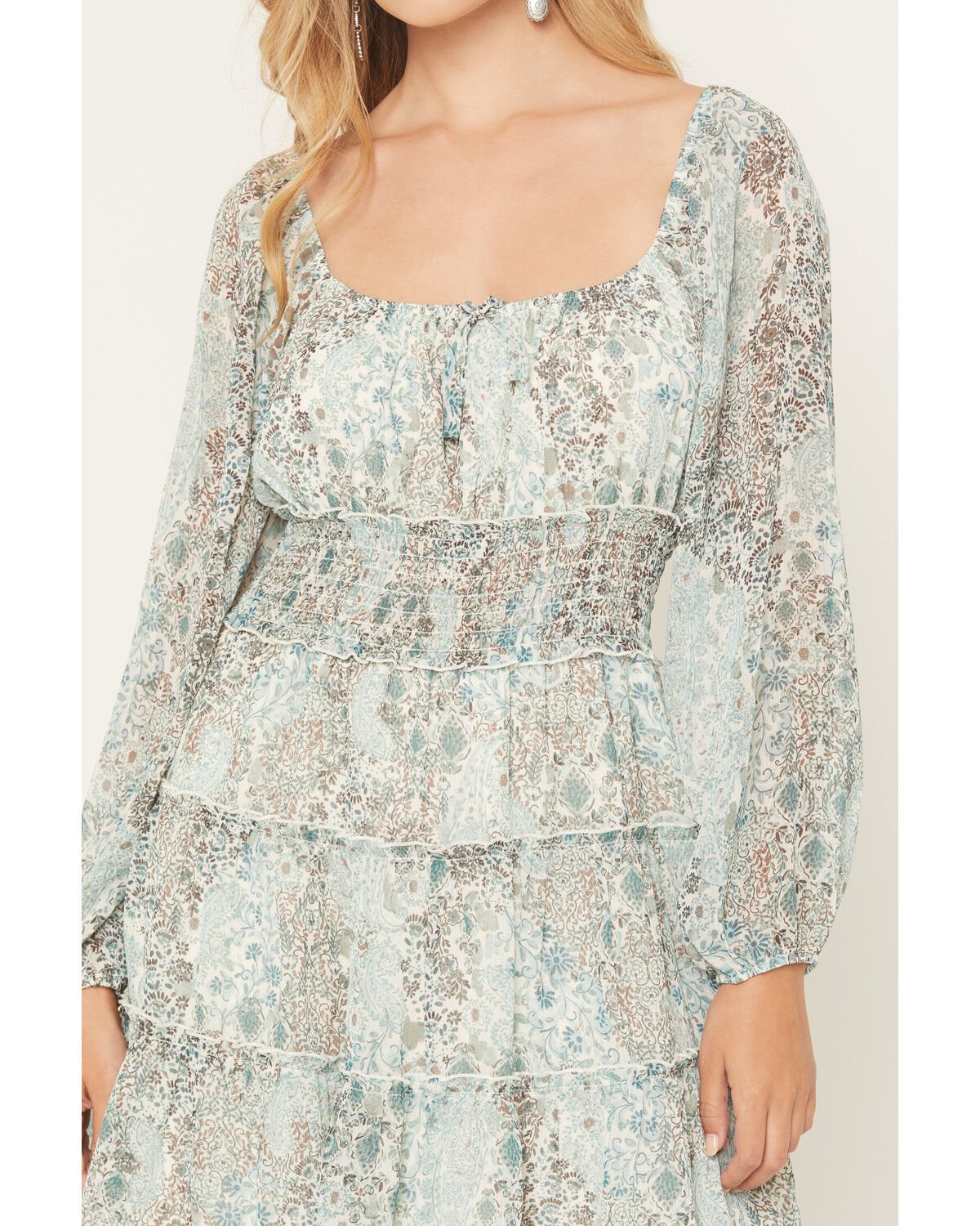 Image #3 - Ash & Violet Women's Boot Barn Exclusive Printed Long Sleeve Tiered Mini Dress, Teal, hi-res