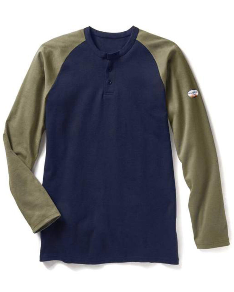 Rasco Men's Flame Resistant Navy Two Tone Henley Long Sleeve Work Shirt - Big , Navy, hi-res