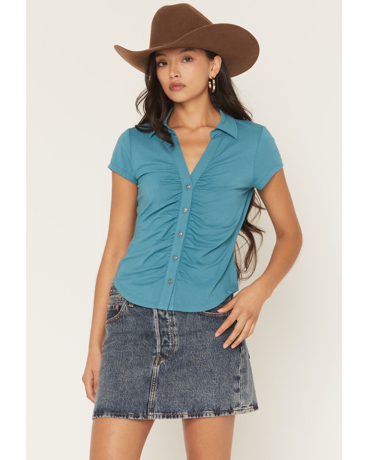 Shyanne Women's Ruched Short Sleeve Button-Down Shirt, Turquoise, hi-res