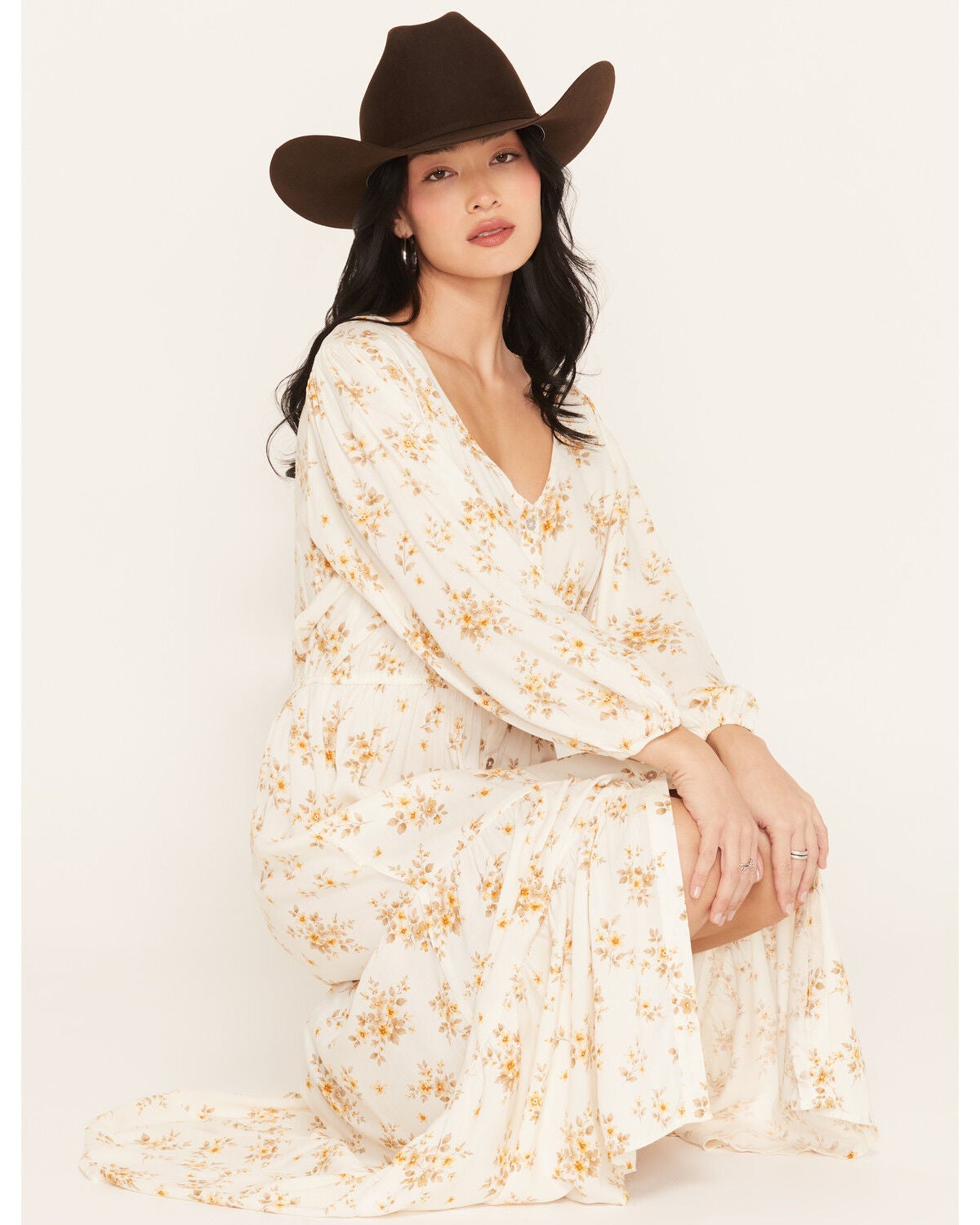 Image #2 - Cotton & Rye Women's Boot Barn Exclusive Floral Print Button-Front High-Low Midi Dress, Ivory, hi-res