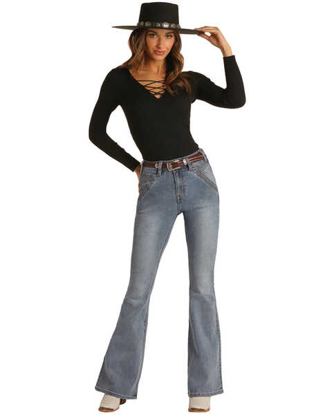 Rock & Roll Denim Women's Light Wash High Rise Flare Denim Jeans, Light Blue, hi-res