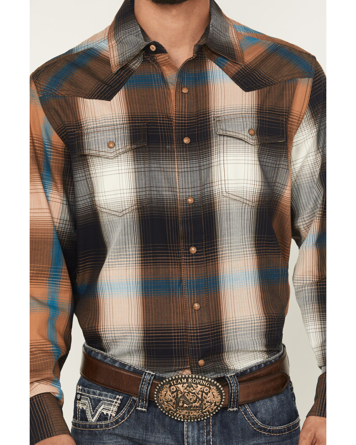 Image #3 - Wrangler Retro Men's Plaid Print Long Sleeve Snap Western Shirt, Brown, hi-res