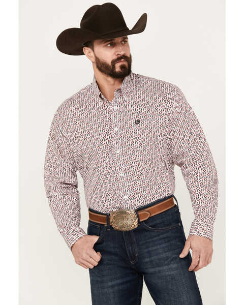 Cinch Men's Geo Print Long Sleeve Button Down Western Shirt, White, hi-res