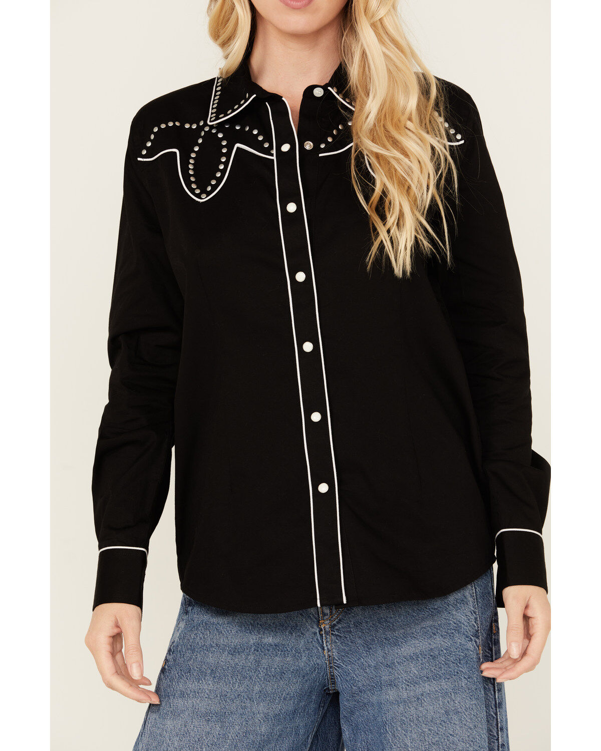 Image #2 - Panhandle Women's Retro Studded Long Sleeve Snap Western Shirt, Black, hi-res