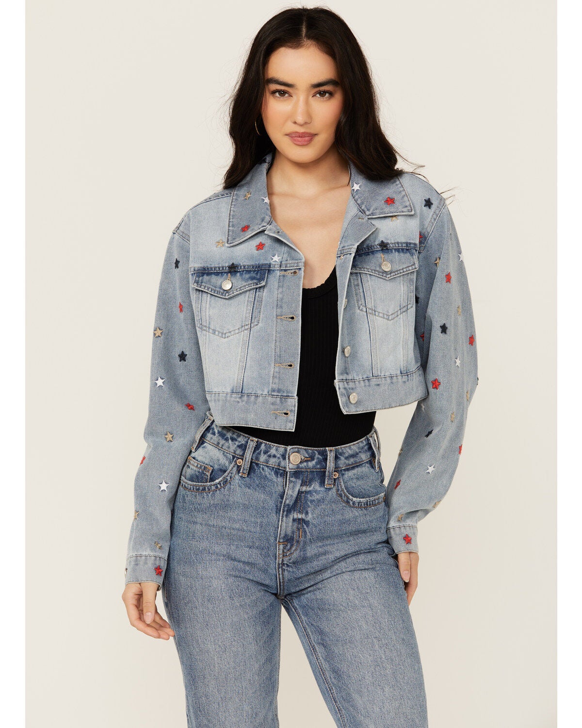 Stoosh Women's Medium Wash Star Embroidered Cropped Denim Jacket, Medium Wash, hi-res