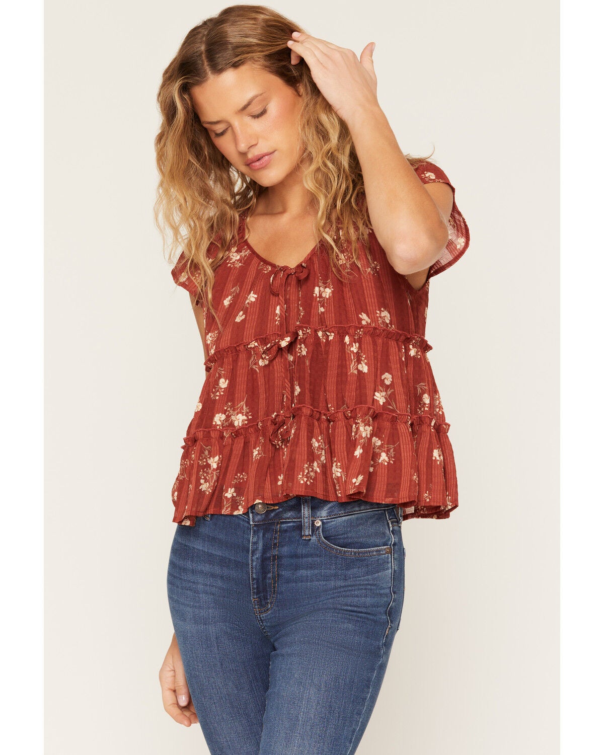Image #1 - Ash & Violet Women's Boot Barn Exclusive Floral Print Tie Front Tiered Blouse, Copper, hi-res