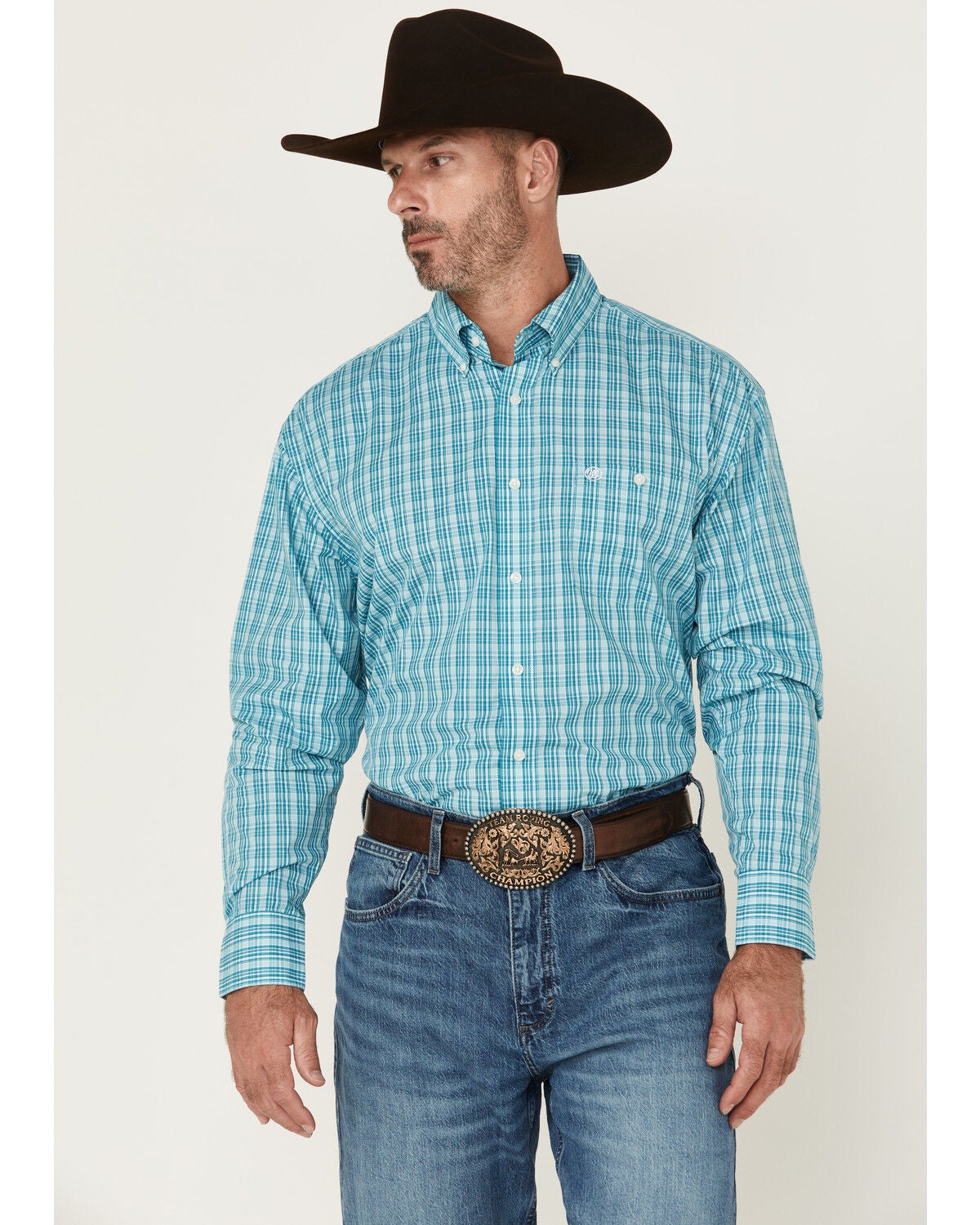 Wrangler Men's Plaid Print Long Sleeve Button-Down Stretch Western Shirt, Aqua, hi-res