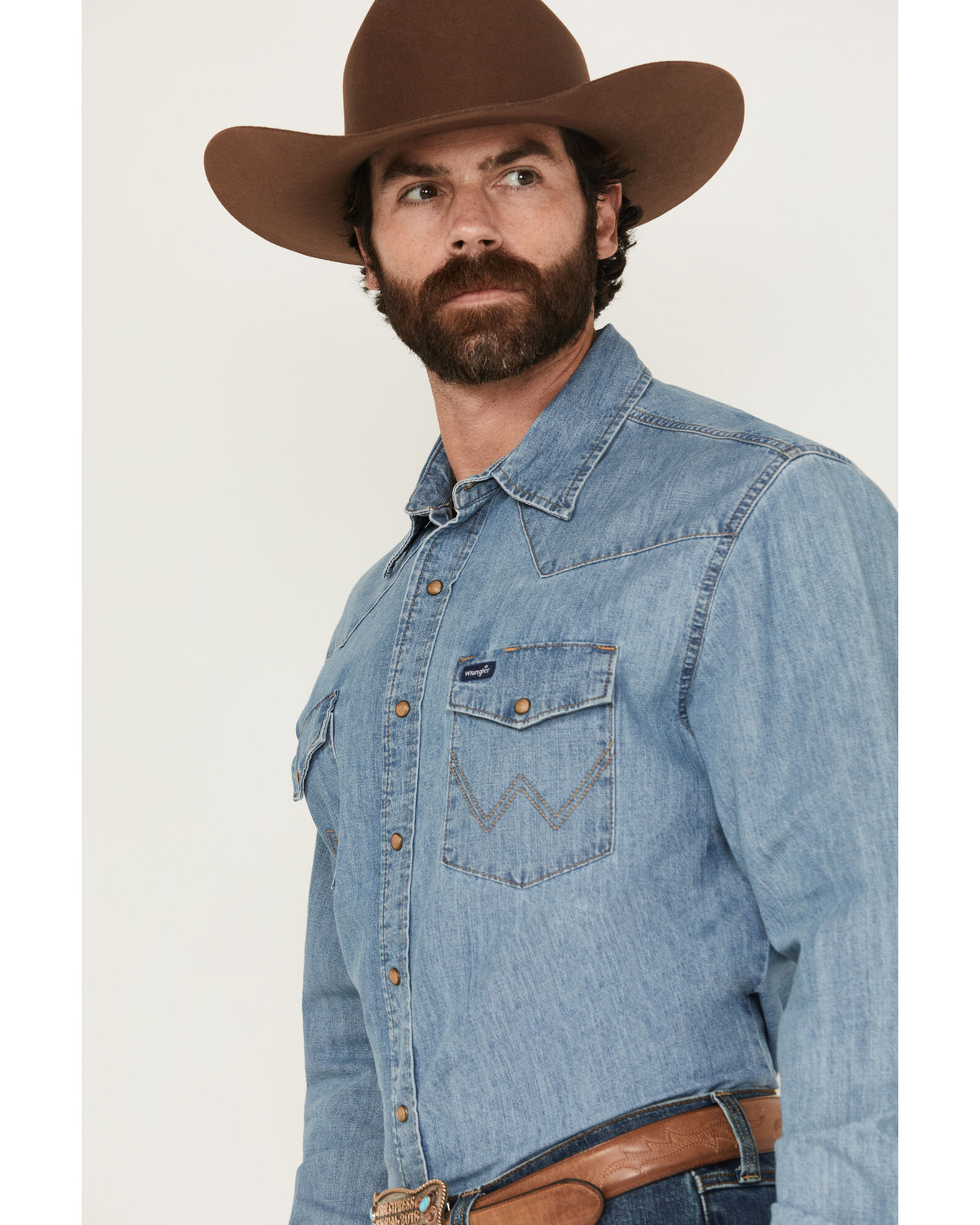 Image #2 - Wrangler Men's Light Wash Denim Long Sleeve Snap Western Shirt, Light Wash, hi-res