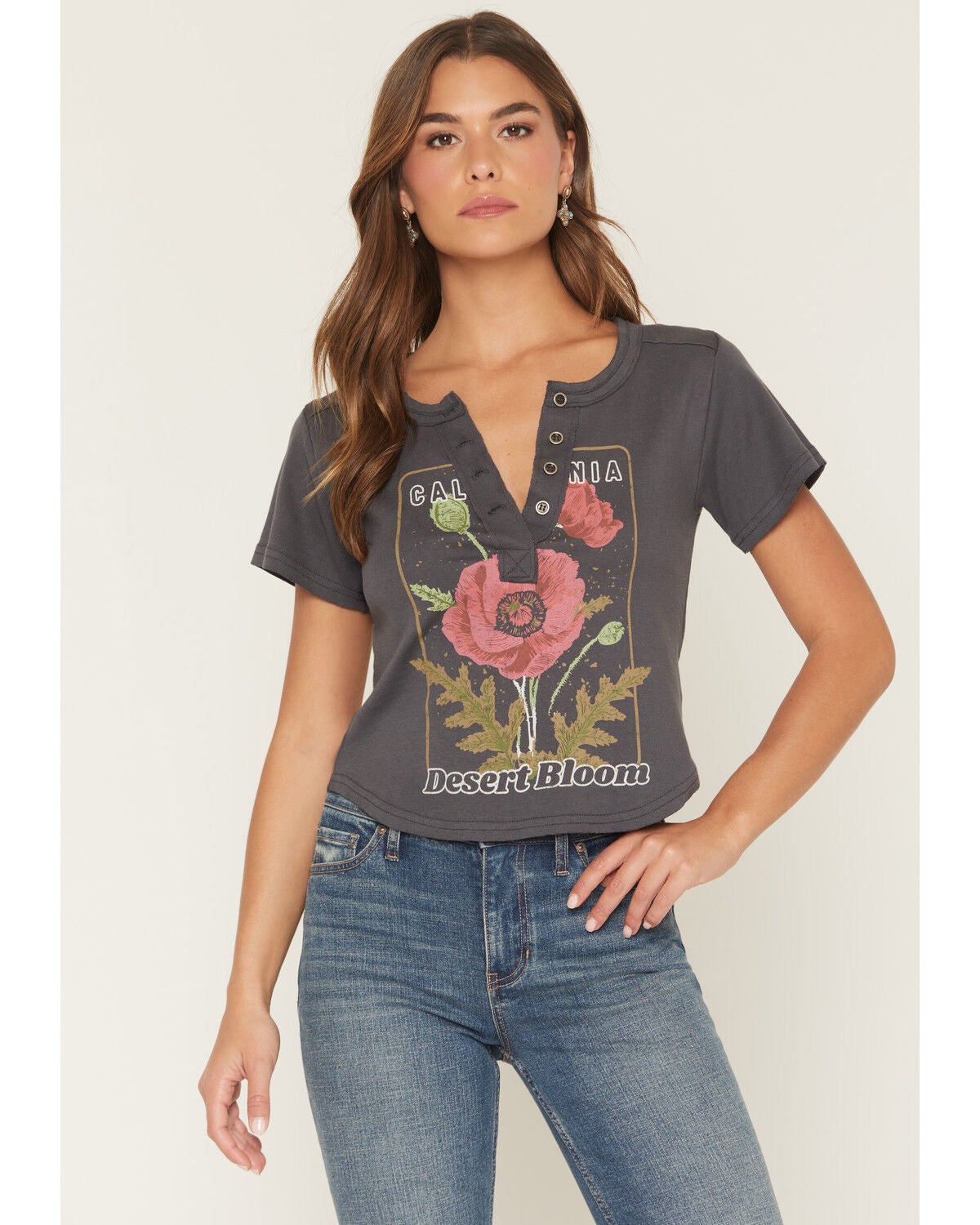 Image #1 - Shyanne Women's Golden Coast Short Sleeve Henley Tee, Dark Grey, hi-res