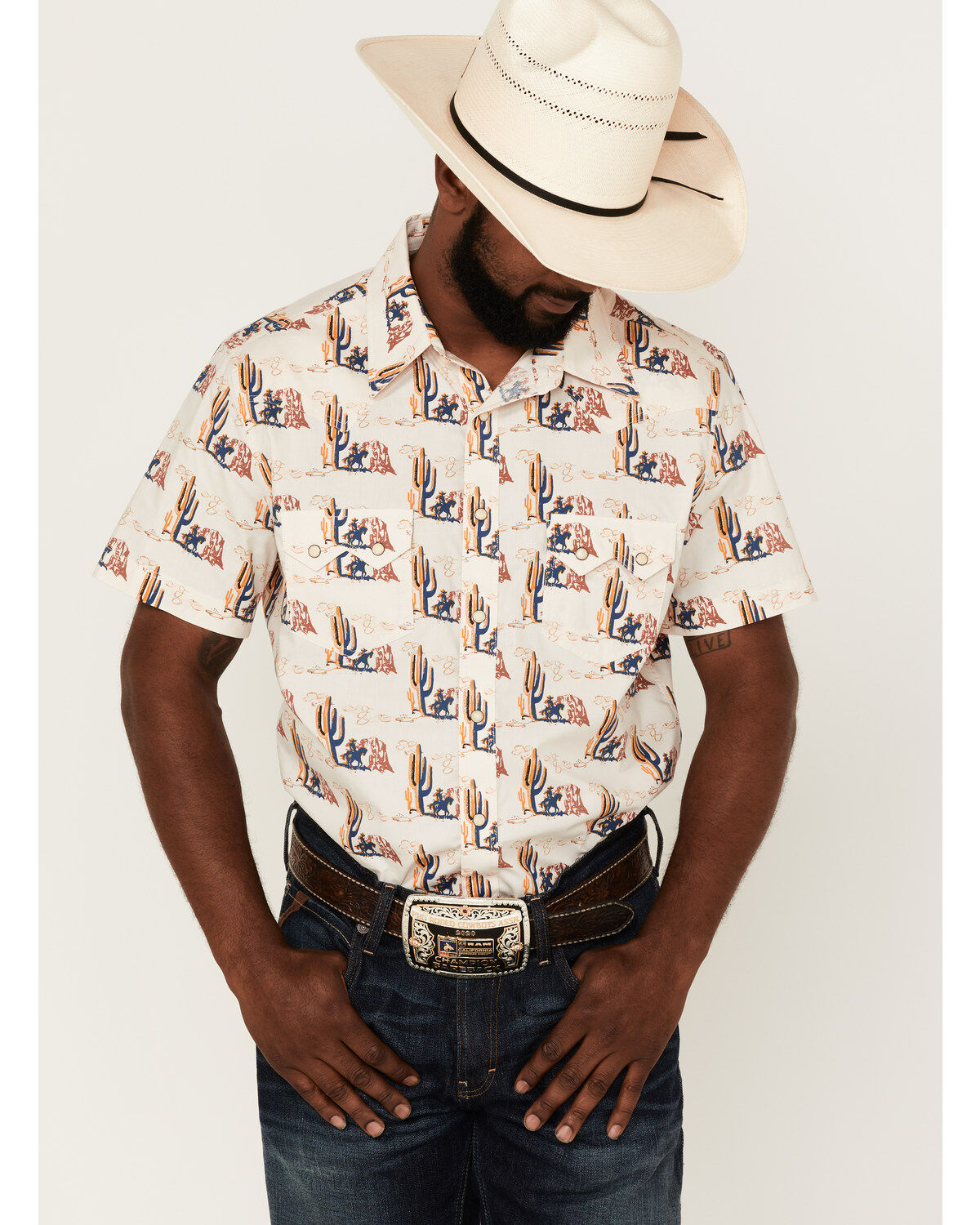 Image #1 - Rock & Roll Denim Men's Desert Conversational Print Short Sleeve Snap Western Shirt, Natural, hi-res
