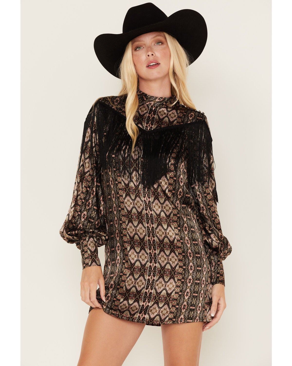 Shyanne Women's Long Sleeve Satin Fringe Mode Mini Dress, Black, hi-res