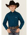 Image #1 - Panhandle Select Boys' Solid Long Sleeve Button-Down Stretch Western Shirt, Teal, hi-res