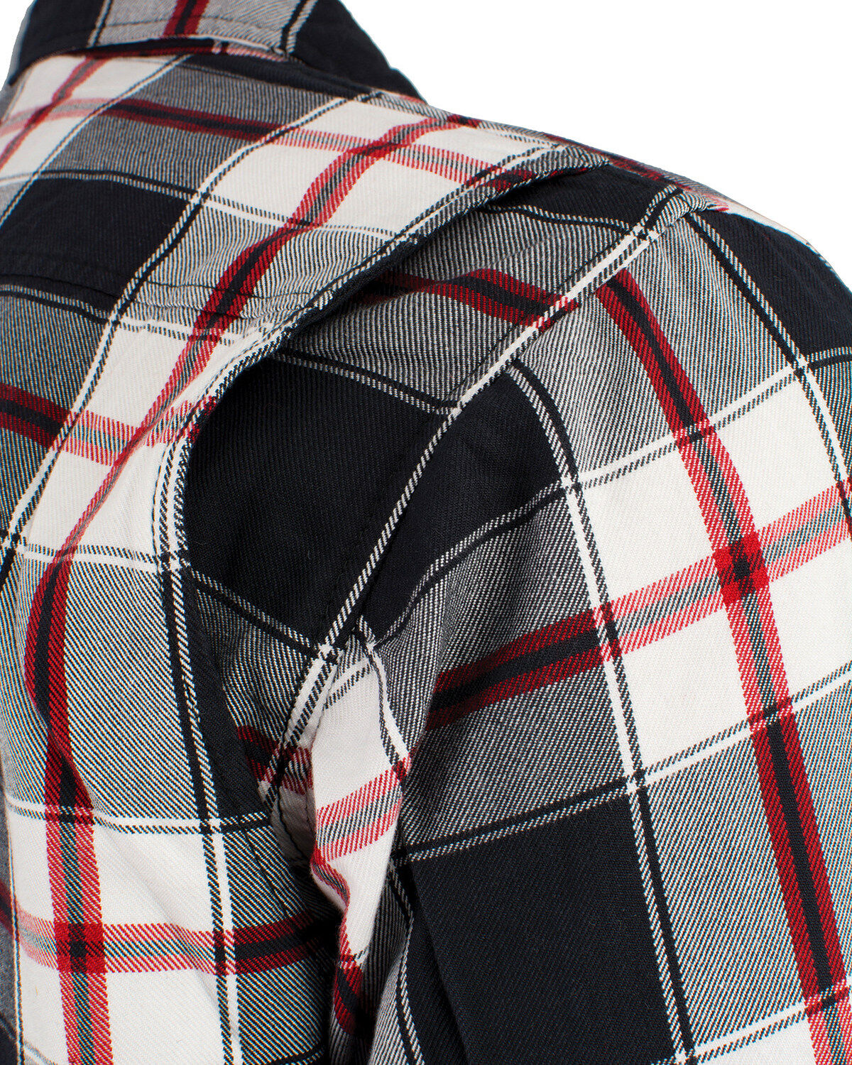 Image #5 - Milwaukee Performance Men's Aramid Reinforced Plaid Flannel Biker Shirt, Black/red, hi-res