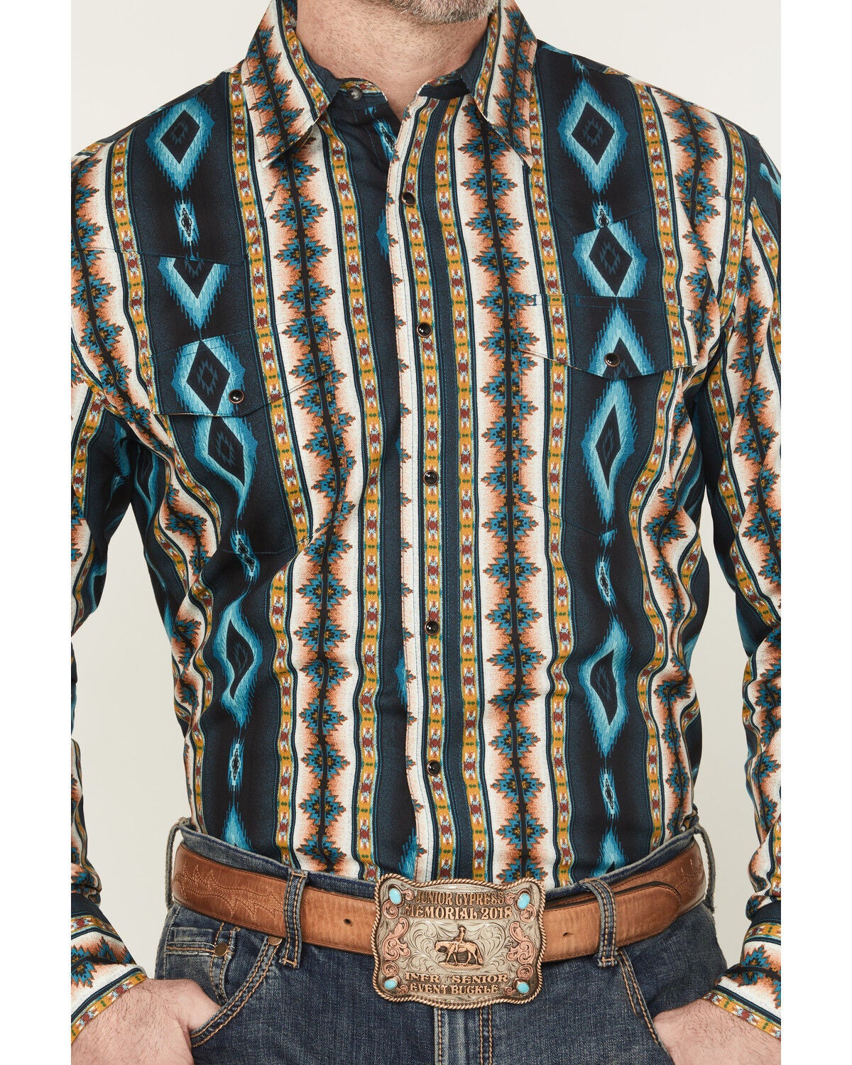 Image #3 - Wrangler Men's Checotah Southwestern Print Long Sleeve Snap Western Shirt, Teal, hi-res