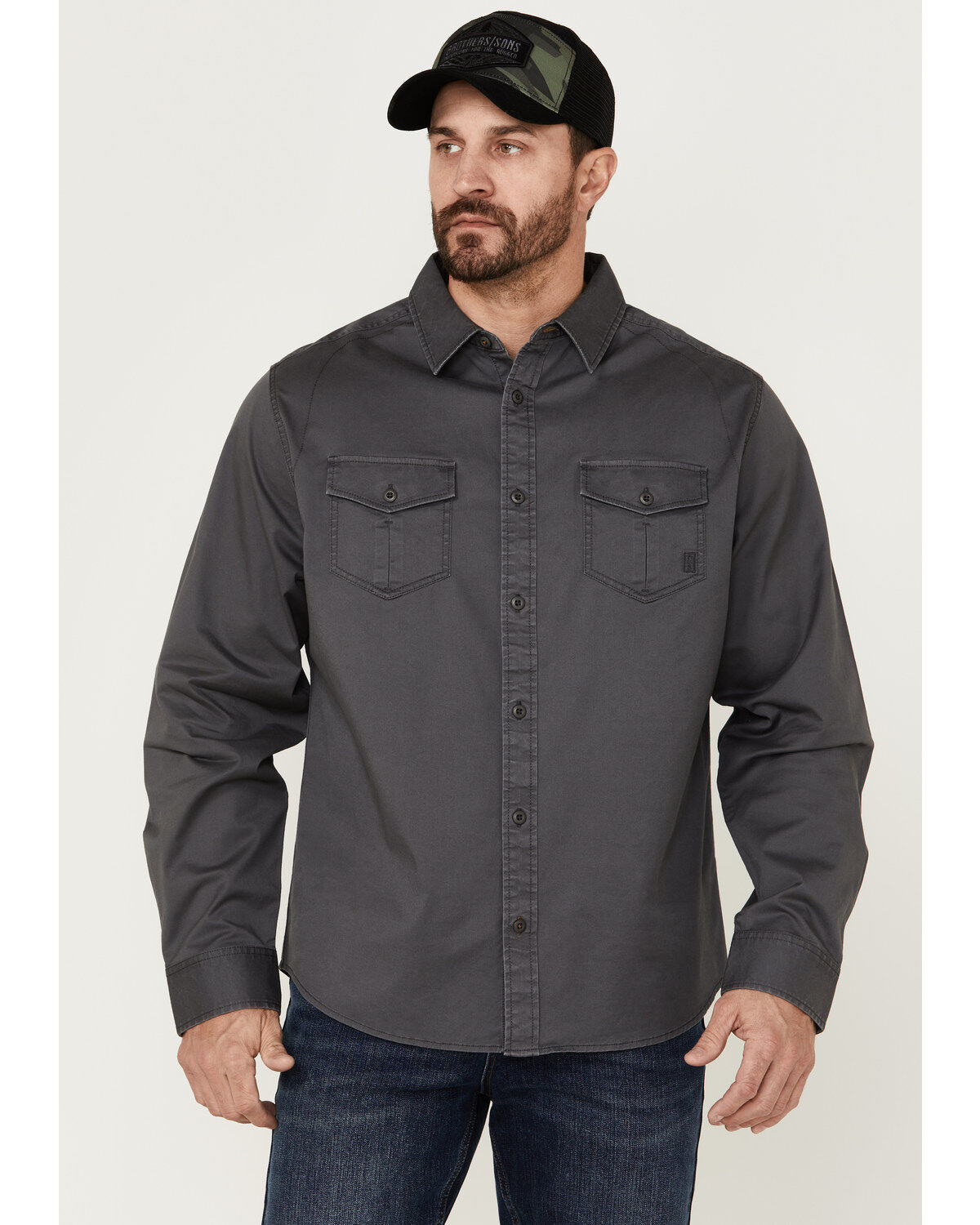 Image #2 - Brothers and Sons Men's Weathered Twill Solid Long Sleeve Button-Down Western Shirt, Charcoal, hi-res